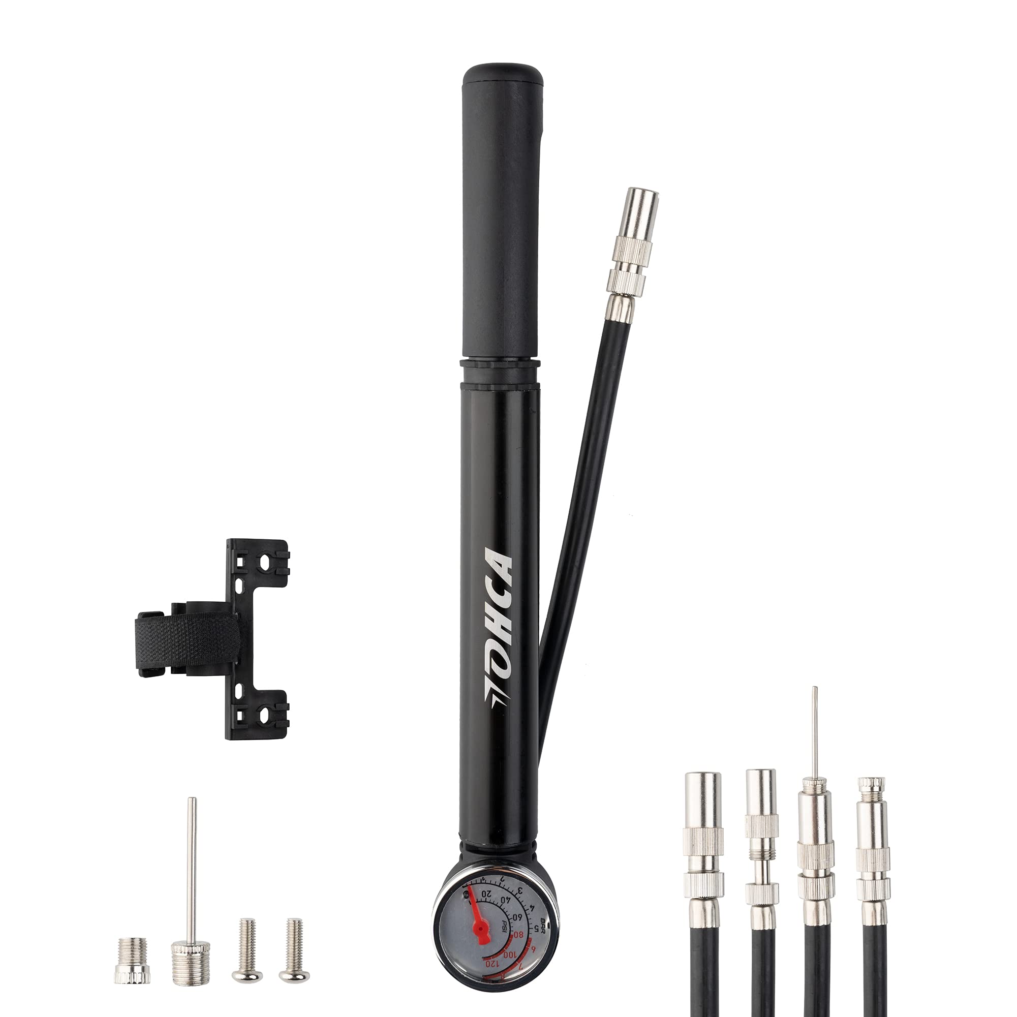 LohcaBike Pump Mini Frame with Gauge 120 PSI, Bicycle Pump, Scharder Dunlop Presta Valve Ball Adaptor, Portable