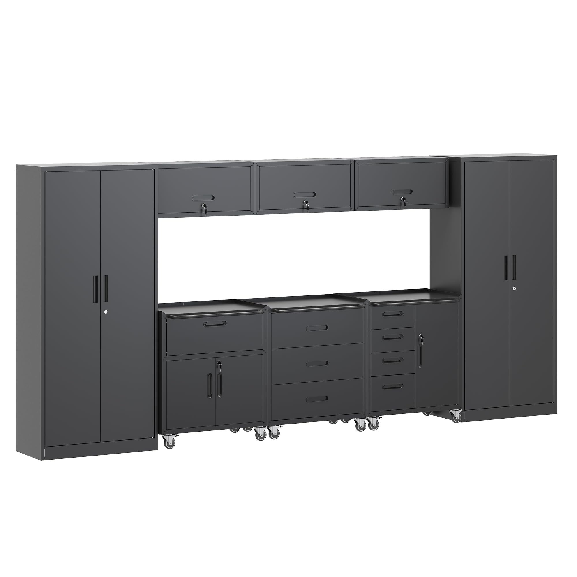 AQY Metal Black Garage Storage Cabinets System,8 Piece Workshop Steel Cabinet Set Included Lockable Garage Storage Cabinet with Drawers Shelves Rolling Chest and Wheels,Assembly Required