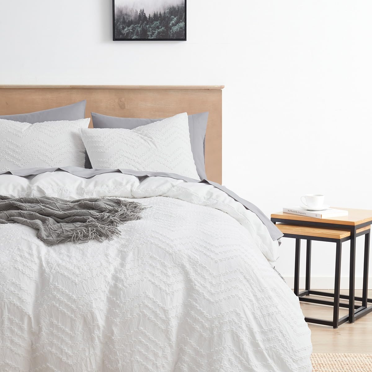 Hearth &amp; Harbor Boho Bedding Twin Duvet Cover Set - Tufted Double Brushed White Duvet Cover with Zipper Closure, 68x90 inches, 1 Pillow Sham