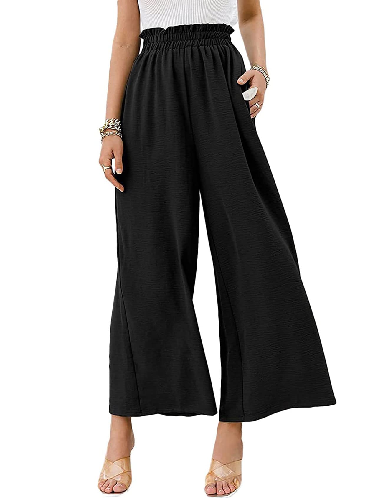 Kissonic Womens Wide Leg Palazzo Pants Elastic High Waisted Flowy Pants with Pockets