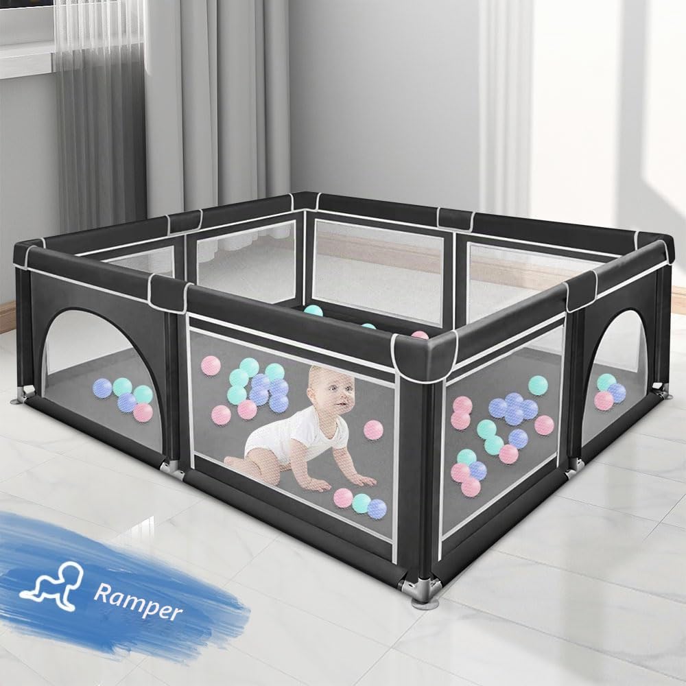 Parc Bébé Modulable,180cm*150cm*66cm Parc Bébé Pliable, Tissu Oxford/Avec sac de rangement/Sûr et confortable, Activités parent-enfant(Gris foncé/Noir) (Noir)