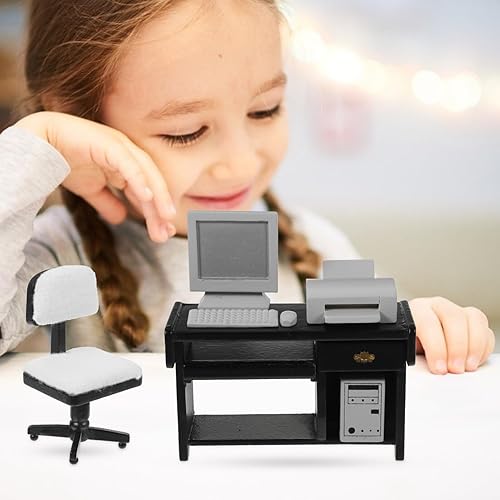 Miniatura 8 de Toyvian Muebles de oficina de escritorio en miniatura: 1 juego de mini escritorio de computadora para casa de muñecas y silla pequeña modelo