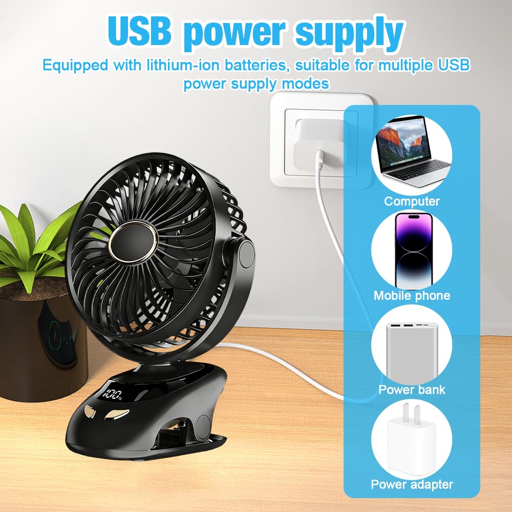 Tragbarer Ventilator zum Anklemmen, persönlicher Ventilator mit Clip, 6000 mAh, batteriebetrieben, USB-Schreibtischventilator, leise, wiederaufladbar, Mini-Tischventilator, 5 Geschwindigkeiten