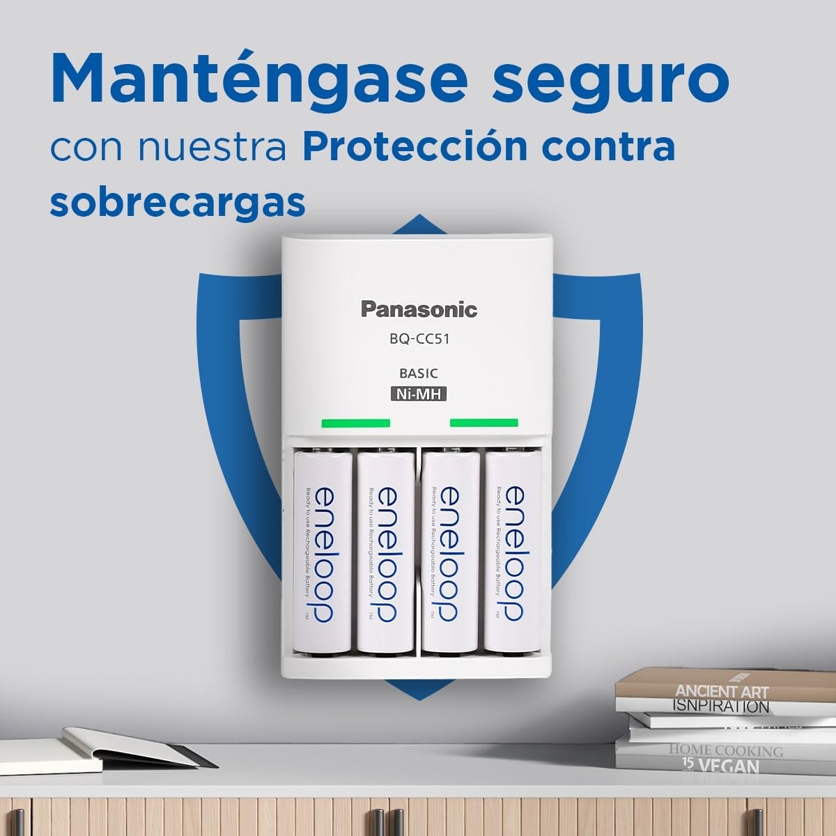 eneloop Basic. Cargador para 2 o 4 pilas AA/AAA Ni-MH con 4 pilas eneloop AAA/Micro de capacidad mejorada y 6 nuevas funciones de seguridad.