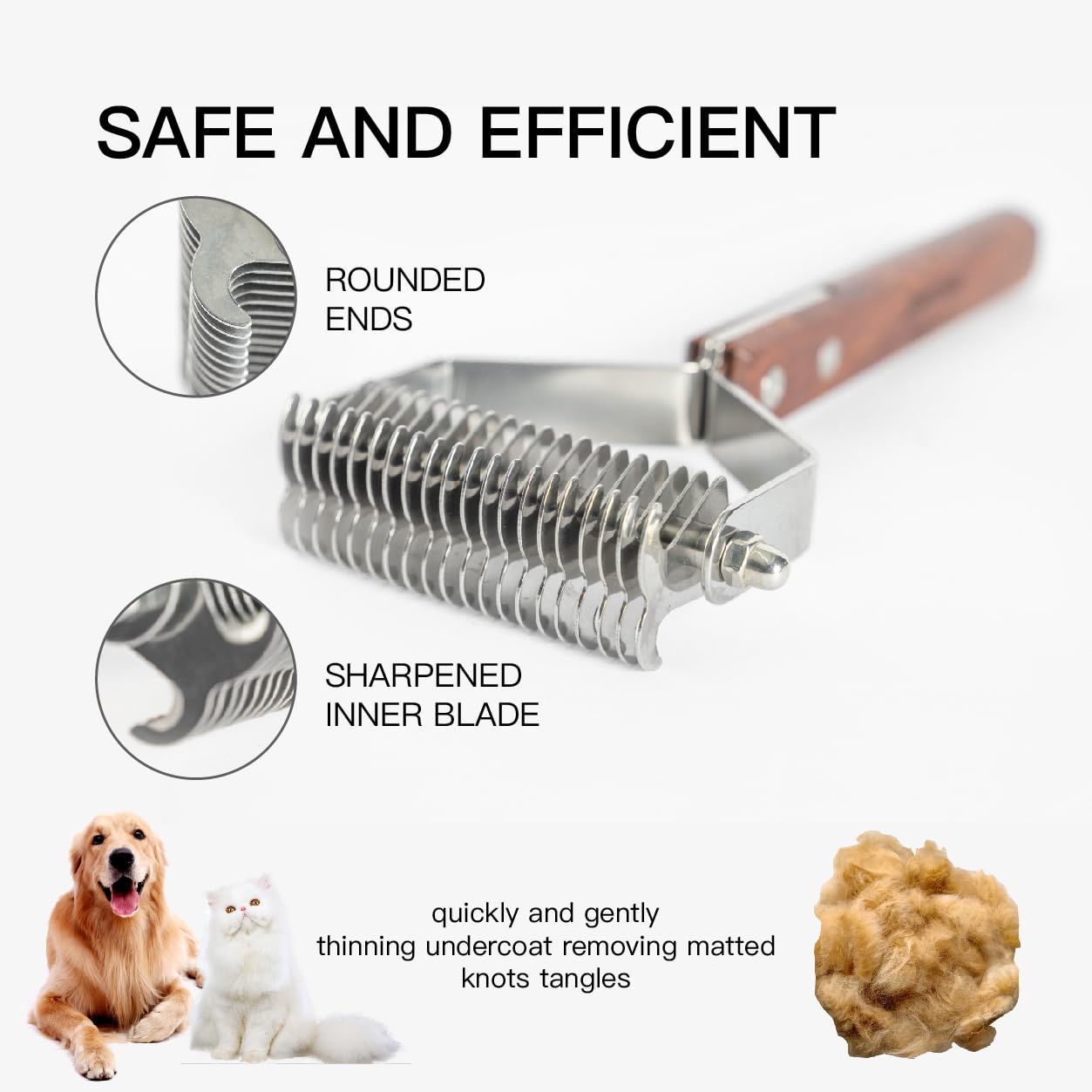 Pet Dematting Rake with 2 sided Professional Pet Grooming Rake for Dogs and Cats 20 Blades Deshedding Detangle Thinning Undercoat Comb and Face Comb Kit with Wooden Handle