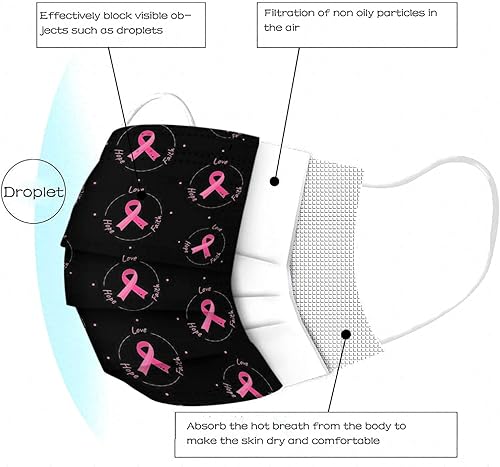 Miniatura 10 de Paquete de 50 mascarillas desechables para concientización del cáncer de mama, máscaras de cinta rosa para mujeres y adultos, protección facial de 3