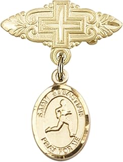 14kt Yellow Gold Baby Badge with St. Sebastian/Track & Field Charm and Badge Pin with Cross 1 X 3/4 inches