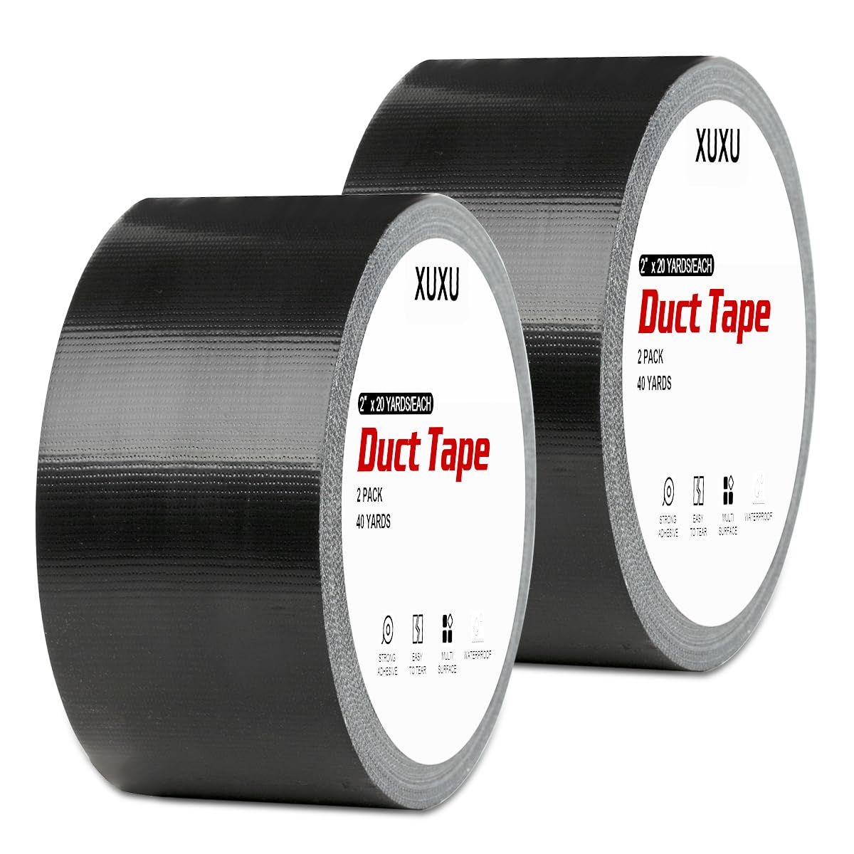 XUXU 4 Pcs Black Duct Tape Heavy Duty Waterproof, Strong Adhesive Duct Tape Bulk for Indoor Outdoor Repairs Tear by Hand, 80 Yards x 2 Inch Total
