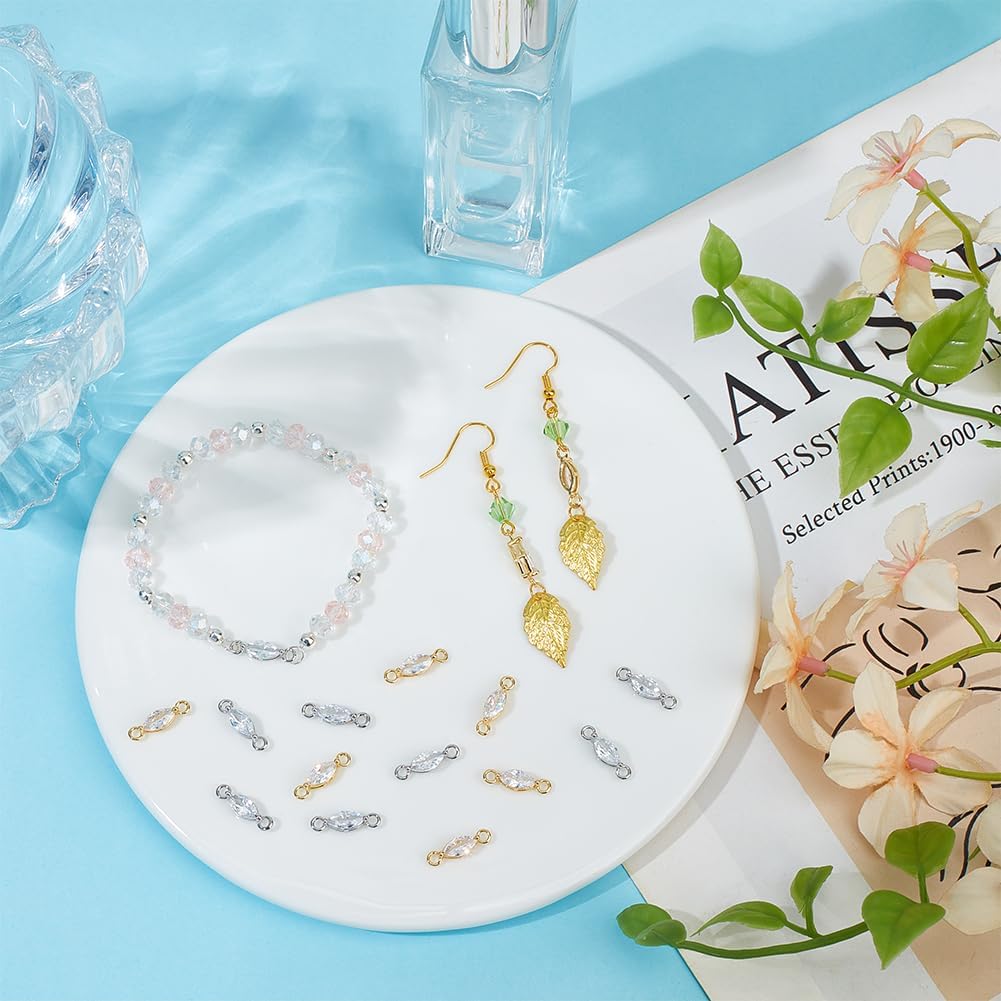 Beebeecraft 16Pcs 2 Colors Cubic Zirconia Connector Charms Platinum Plated Flat Oval Horse Eye White Crystal Rhinestone Birthstone Connector Links with Double Loop for Bracelet Necklace Jewelry Making - Image 3