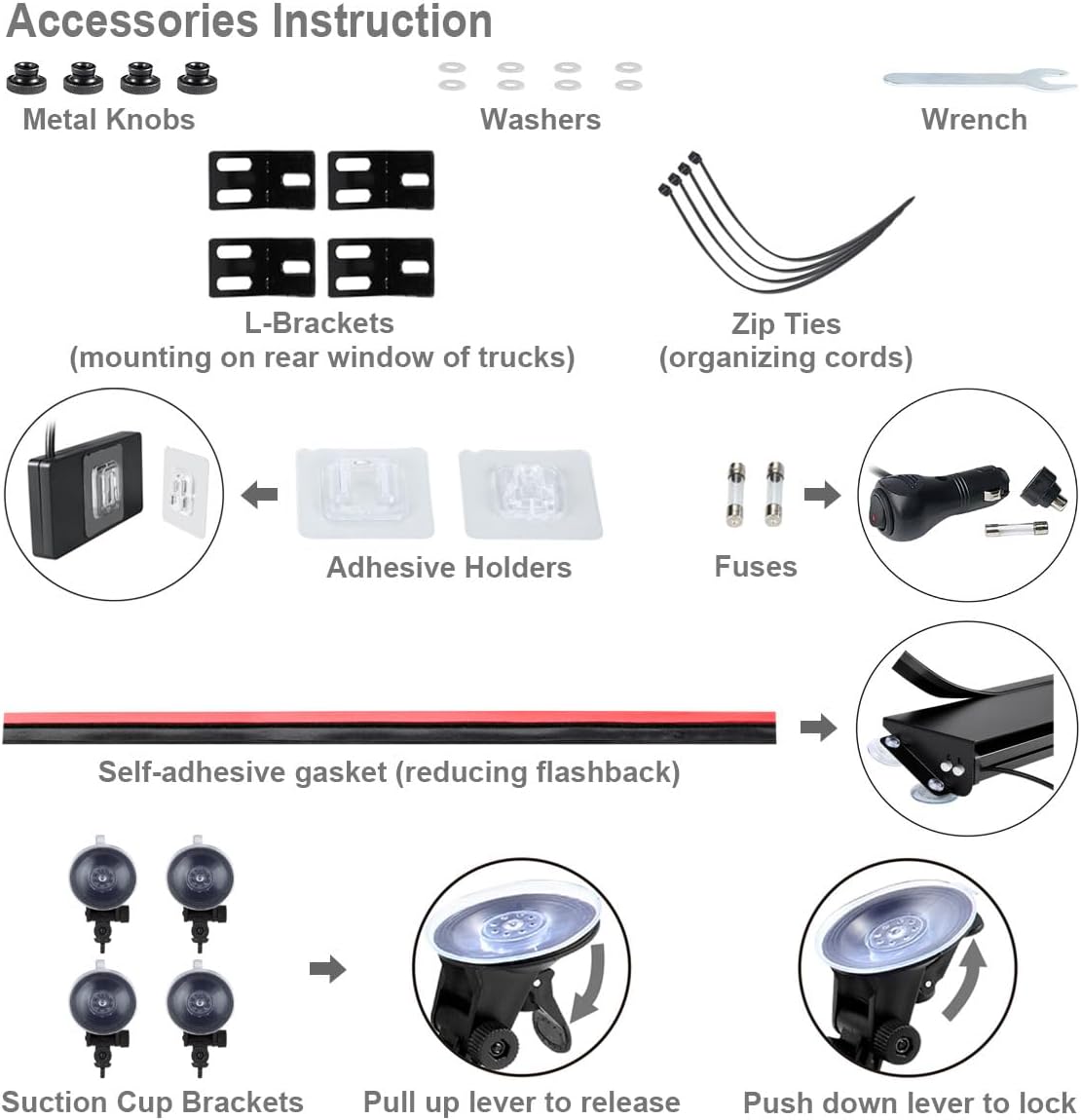 Diagram showing all accessories included with the WOWTOU light bar