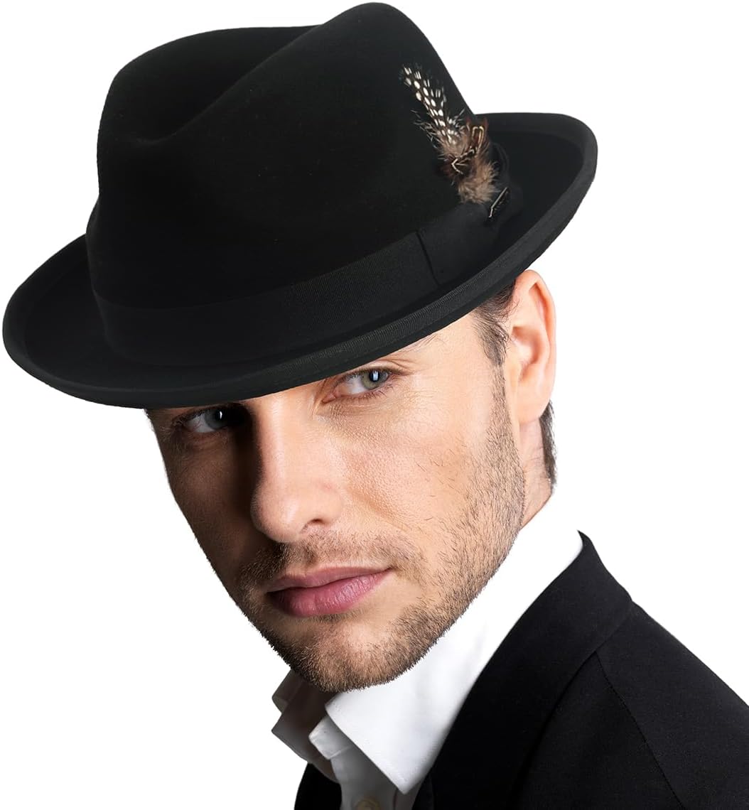 HISSHE Men's Wool Fedora Hats Women Felt Trilby Derby Hat with Feather
