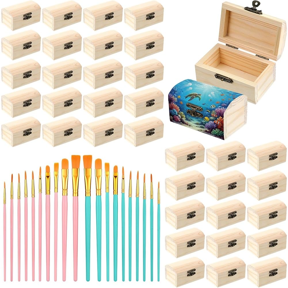 Hndhbfgrt Wooden Boxes 36Pcs for Crafts Includes 20 Paintbrushes, 3.5 X 2.2 X 2 Inch Unpainted Treasure Chests for Jewelry Gifts