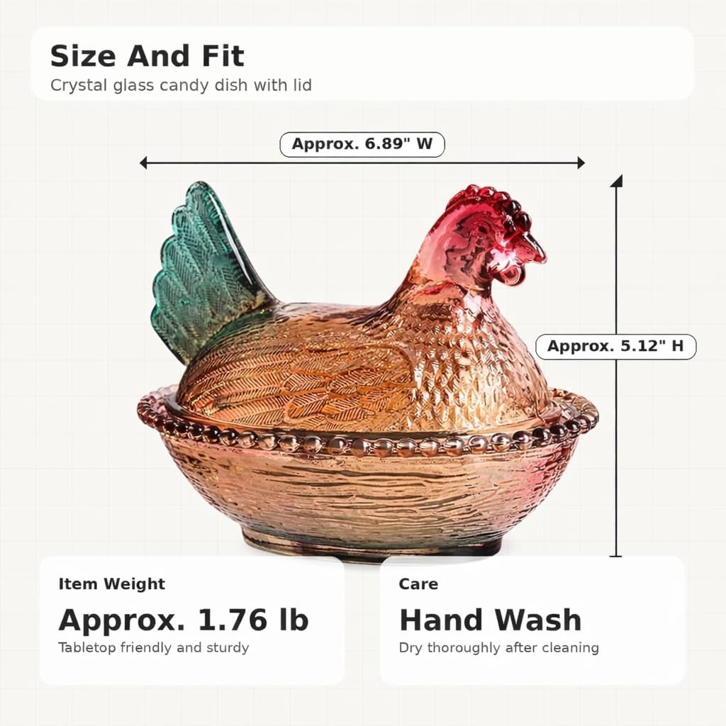 Garneck Vintage Candy Dish with Lid: Hen on Nest Glass Dish Chicken Shaped Candy Bowl Crystal Glass Storage Container for Kitchen Home Tabletop Decor