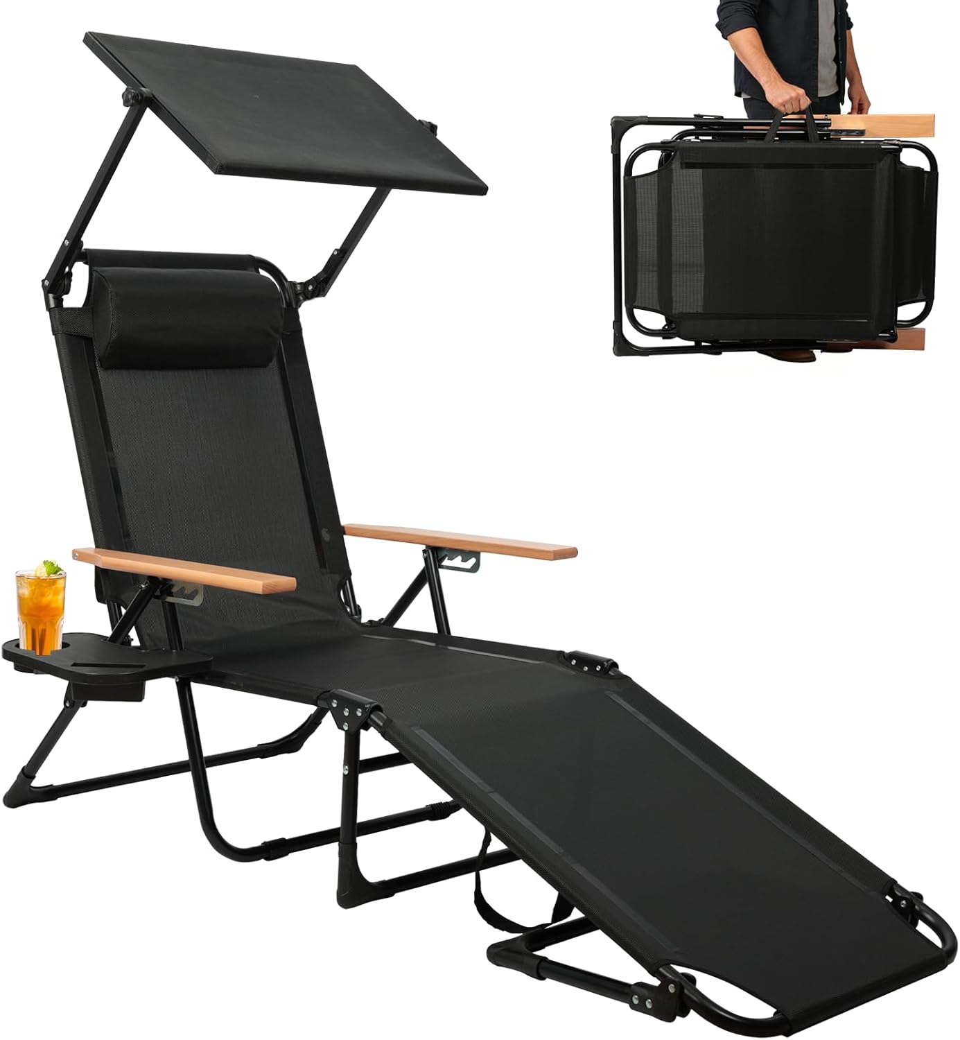 Foldable Chaise Lounge Chair Outdoor, 4-Position Reclining Outdoor Lounge Chairs with Wooden Armrest, Folding Sun Lounger with Removable Pillow for Garden Beach Patio Camp (Beige with Canopy)