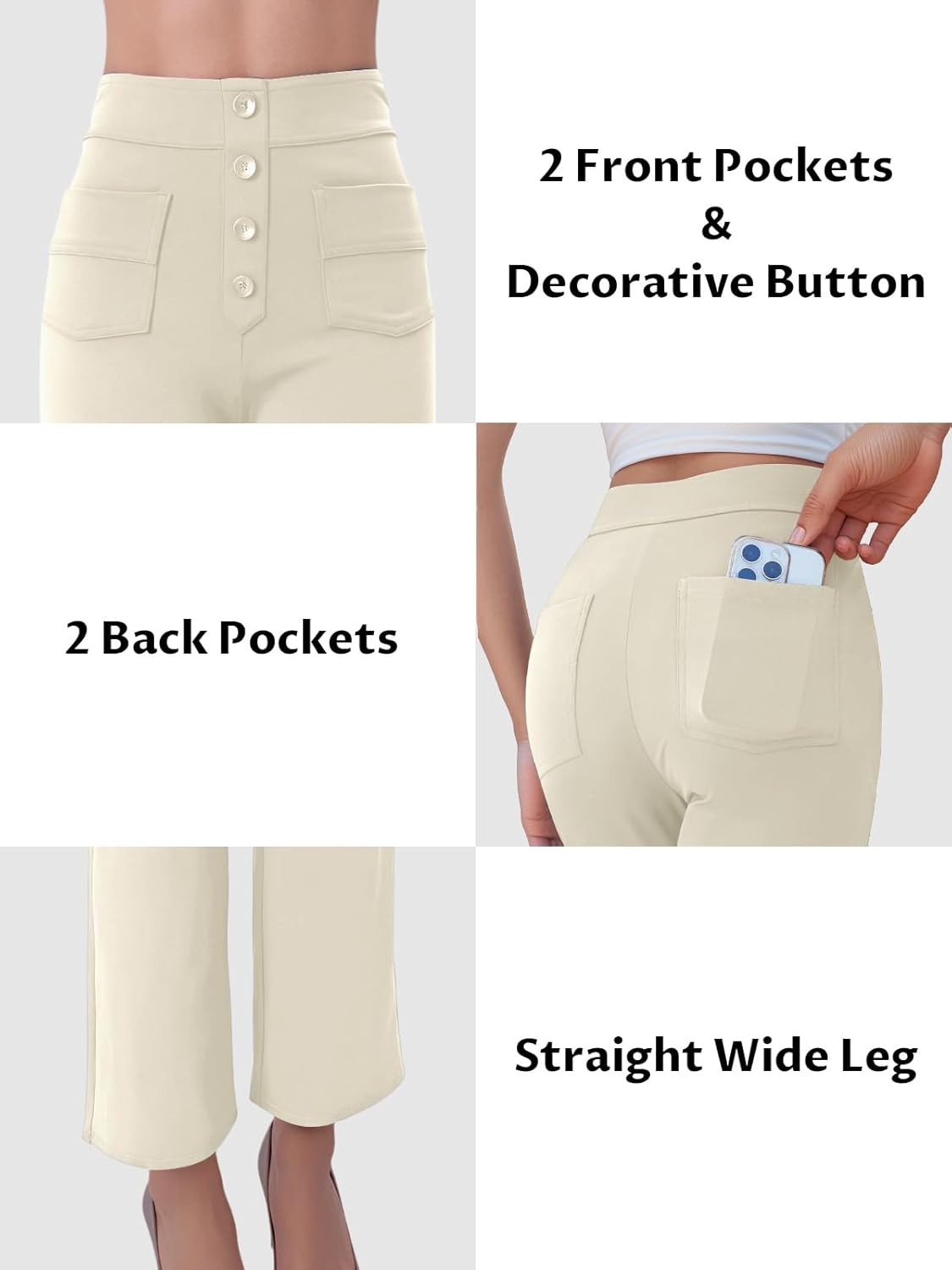 keriffe Women's Straight Leg Pants High Waisted Button Stretchy Business Work Dress Casual Trousers Multiple Pockets - Image 5