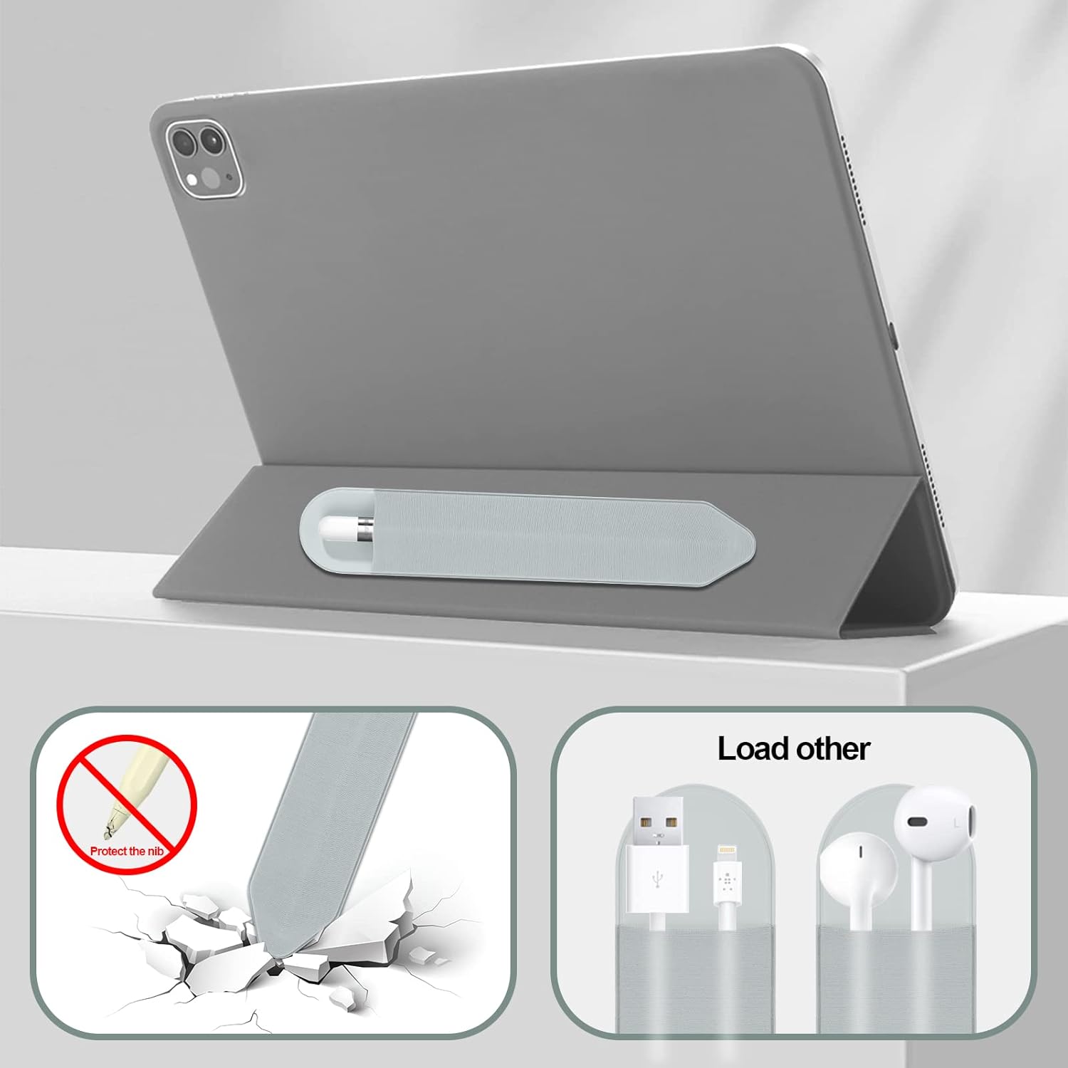 12 Pack Pencil Holder Case Sticker Fit Apple Pencil (1st and 2nd Gen), Durable Use Elastic Pocket Adhesive Sleeve Pouch for iPad 8.3/9.7/10.2/10.5/11/12.9 Inch (12PACK Grey)