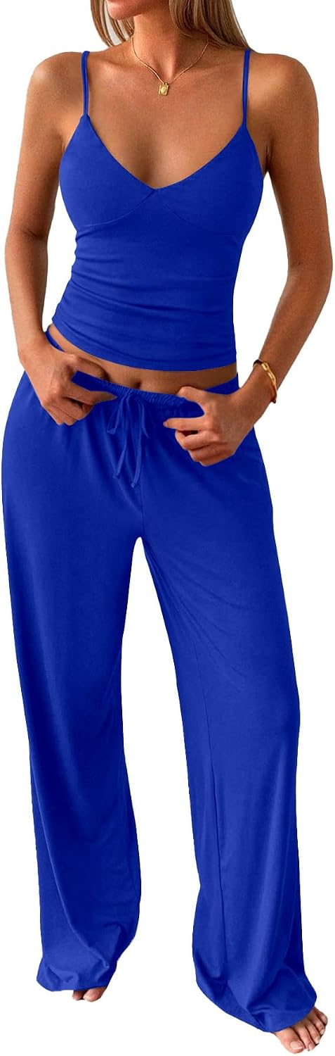 Mrskoala Two Piece Sets for Women Lounge Outfits Set Cami Top and Wide Leg Pants Summer