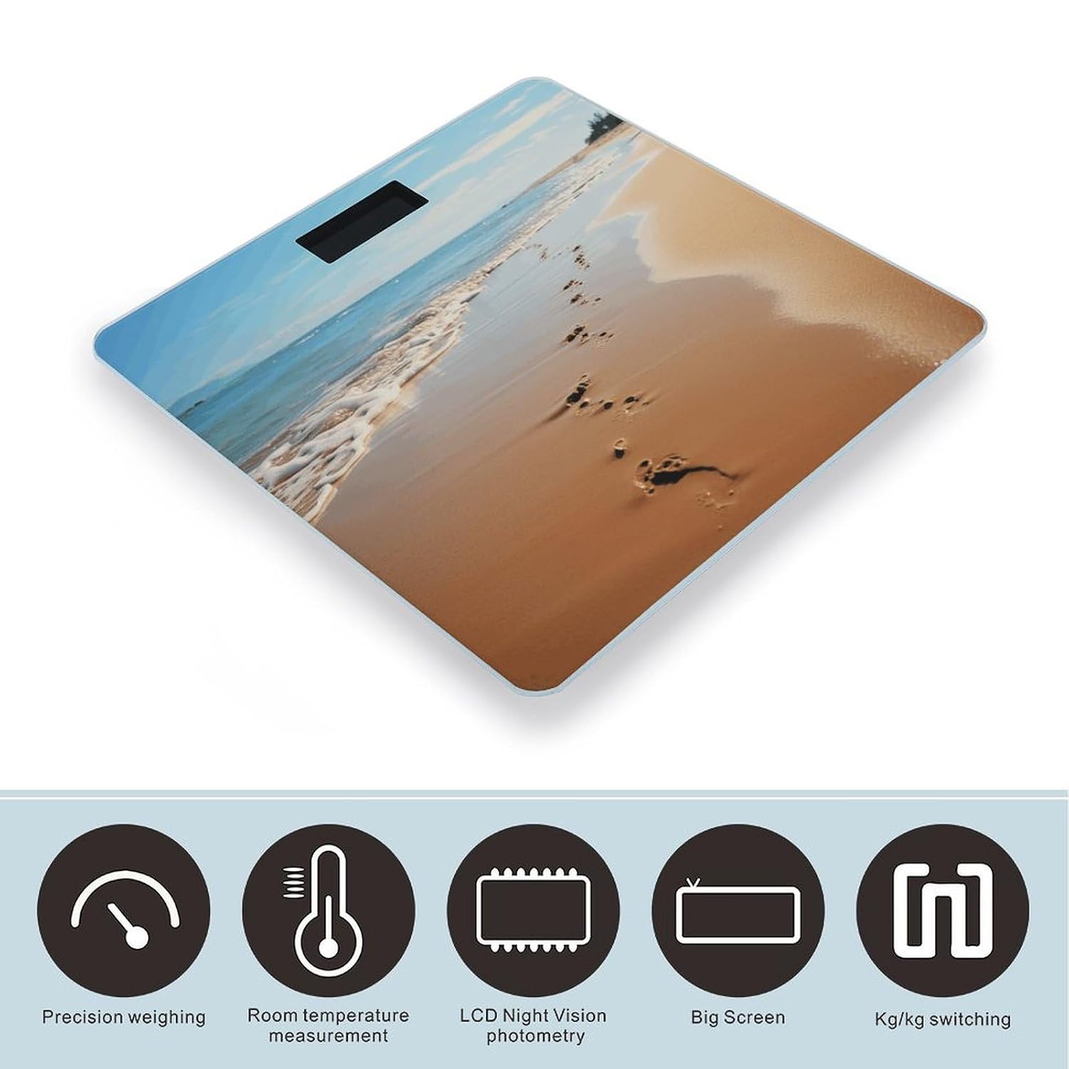 Beach Footprints Digital Bathroom Scale for Tempered Glass Body Weight Stylish Print Weighing Scale with Backlit LCD Display High Precision Body Scale for Home Bedroom Compact