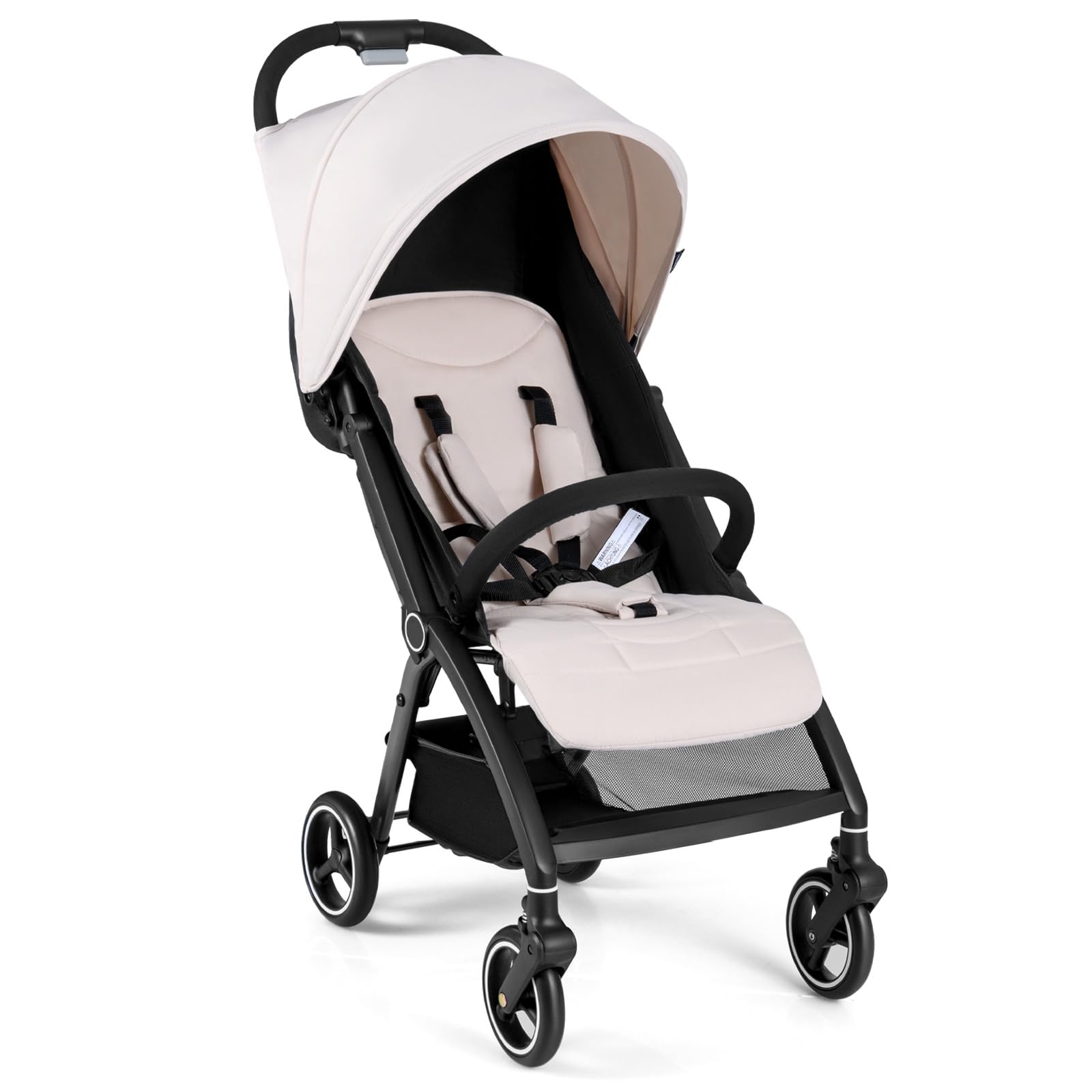 Foldable Baby Stroller, Toddler Pushchair with Adjustable backrest, Canopy and Calf Support, Storage Basket, Suitable for Infants Toddlers Aged 0-3 Years. (Light Beige)