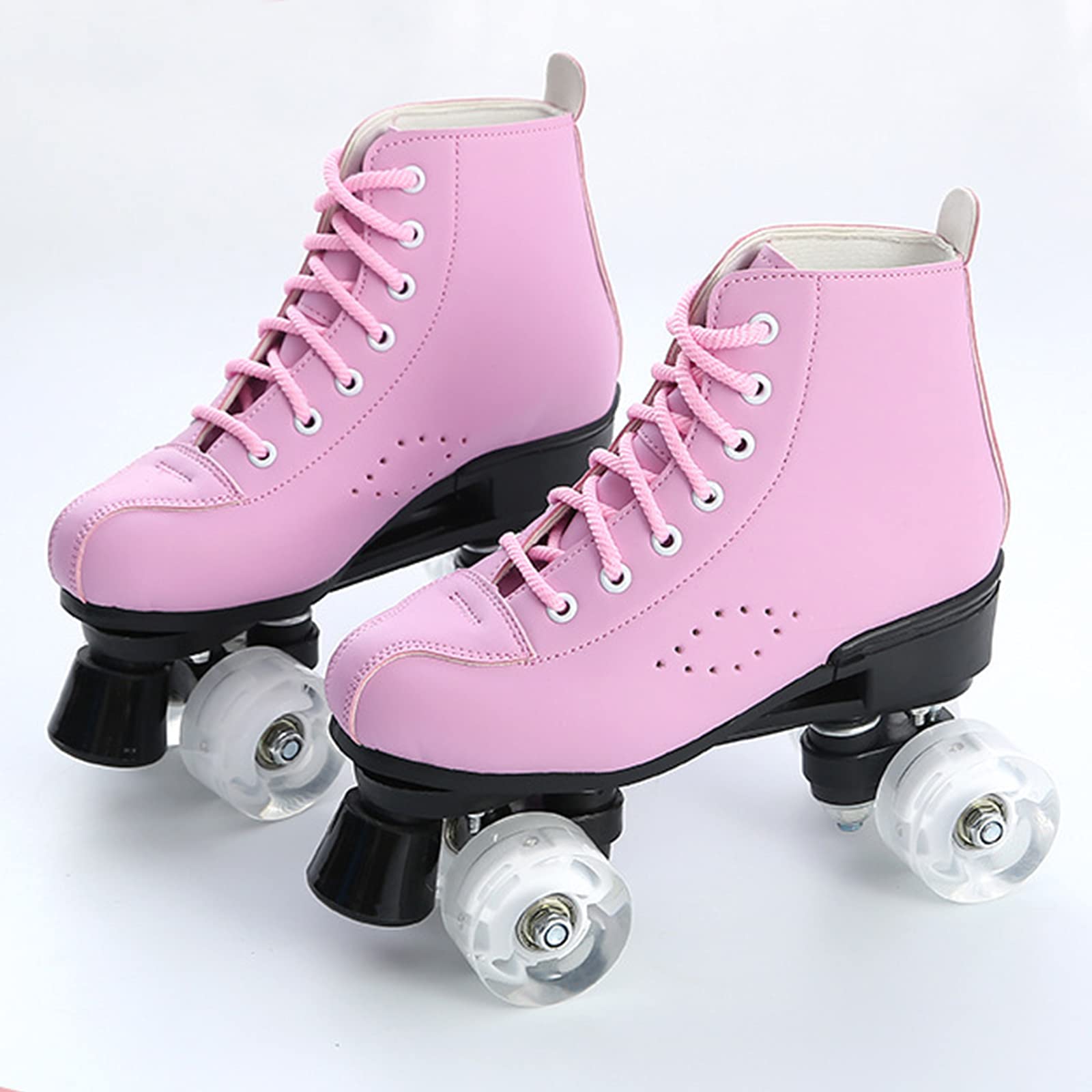 Klzzuk Patines Rosas para Mujer, Patines Paralelos Clásicos de Cuero de PU Patines de Dos Hileras de 4 Ruedas con Ruedas de PU Intermitentes, Roller Skates Brillantes para Interiores y Exteriores