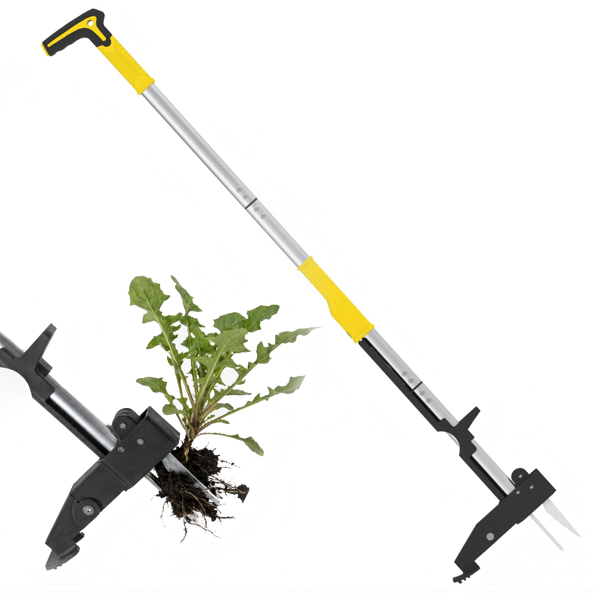 Unkrautjäter mit Stiel, Unkrautstecher Edelstahl, Löwenzahnstecher & Unkrautzieher, Unkraut Entferner Gerät, Garten Unkraut Werkzeug, Unkraut Jäten Werkzeug,105cm, 4 Zinken, L-Griff, Auswurf, Gelb