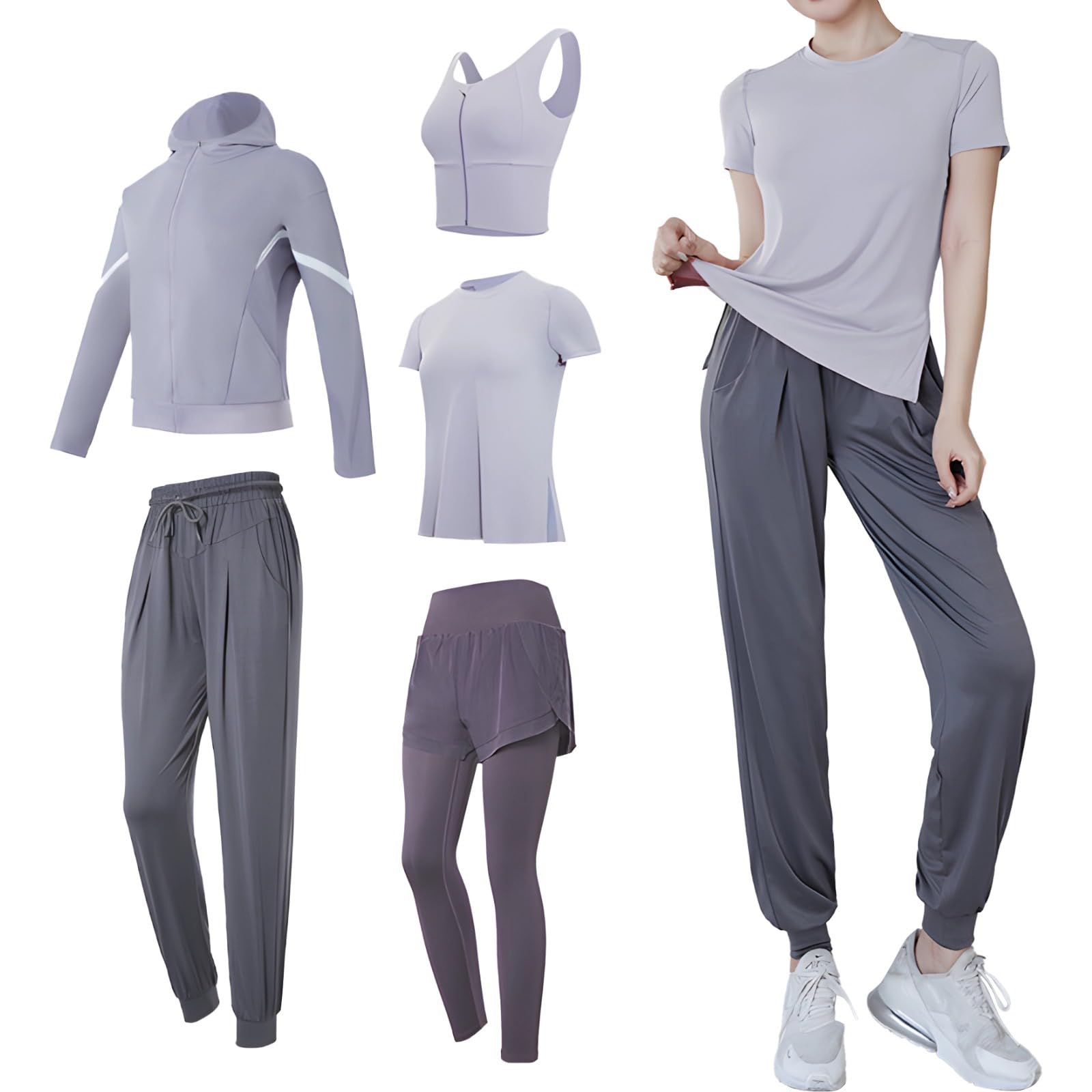 Conjunto de ropa deportiva para mujer, conjunto de 5 piezas, ropa de yoga, conjuntos de entrenamiento de manga larga para mujer, XXL, tela transpirable que absorbe la humedad, diseño versátil