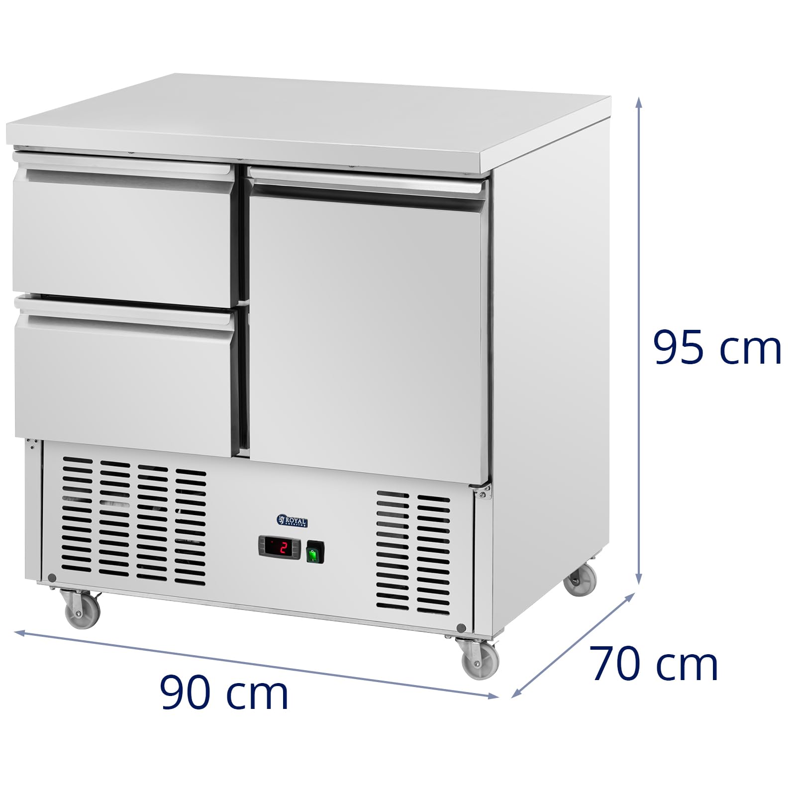 Royal Catering Mesa Refrigerada con Ruedas Volumen de 240 L 2 Cajones 1 compartimento 90 x 70 cm Clase C Acero Inoxidable Bajomostrador refrigerado Mostrador refrigerado para hostelería