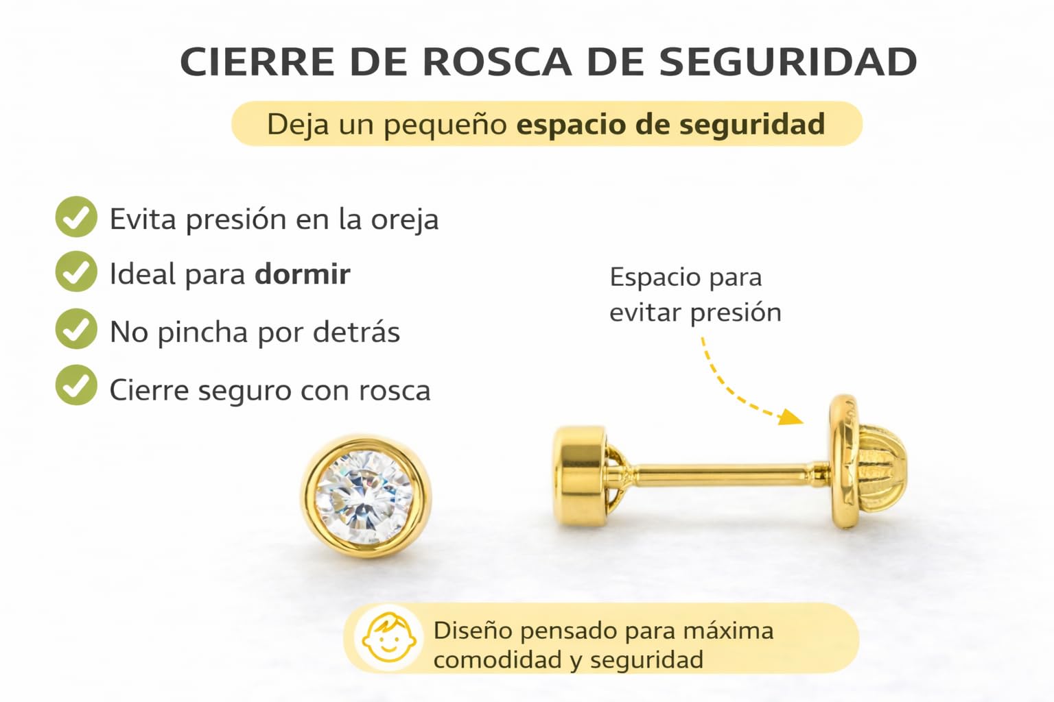 Pendientes infantiles dorados con cierre de rosca en Plata de Ley 925 bañada en oro | Punto de luz 4 mm con circonita brillante | Hipoalergénicos | SALVATORE | Estuche regalo