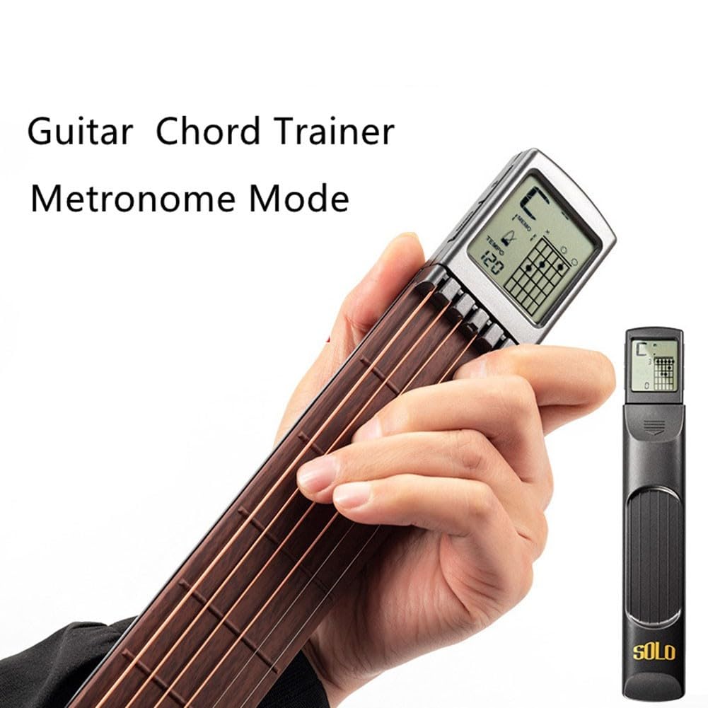 Entrenador de acordes de guitarra portátil con pantalla LED y metrónomo, herramienta de práctica de guitarra de viaje con mesa de acordes y modo de circulación, dedo de cuerda de acero popular
