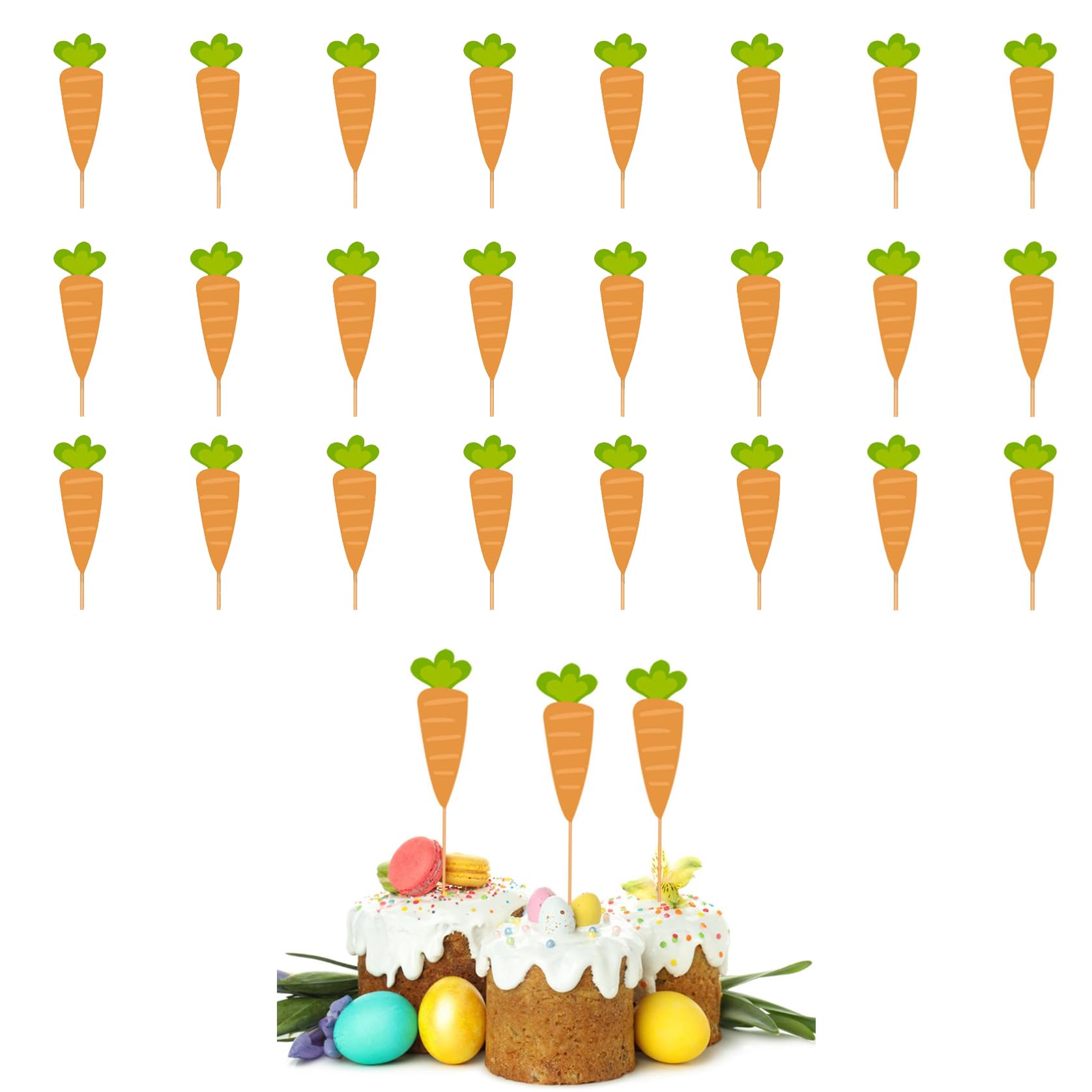 24PCS Easter Carrot Cupcake Toppers Happy Easter Decorations Cute Bunny Carrots Cake Topper Picks for Birthday Holiday Party Supplies