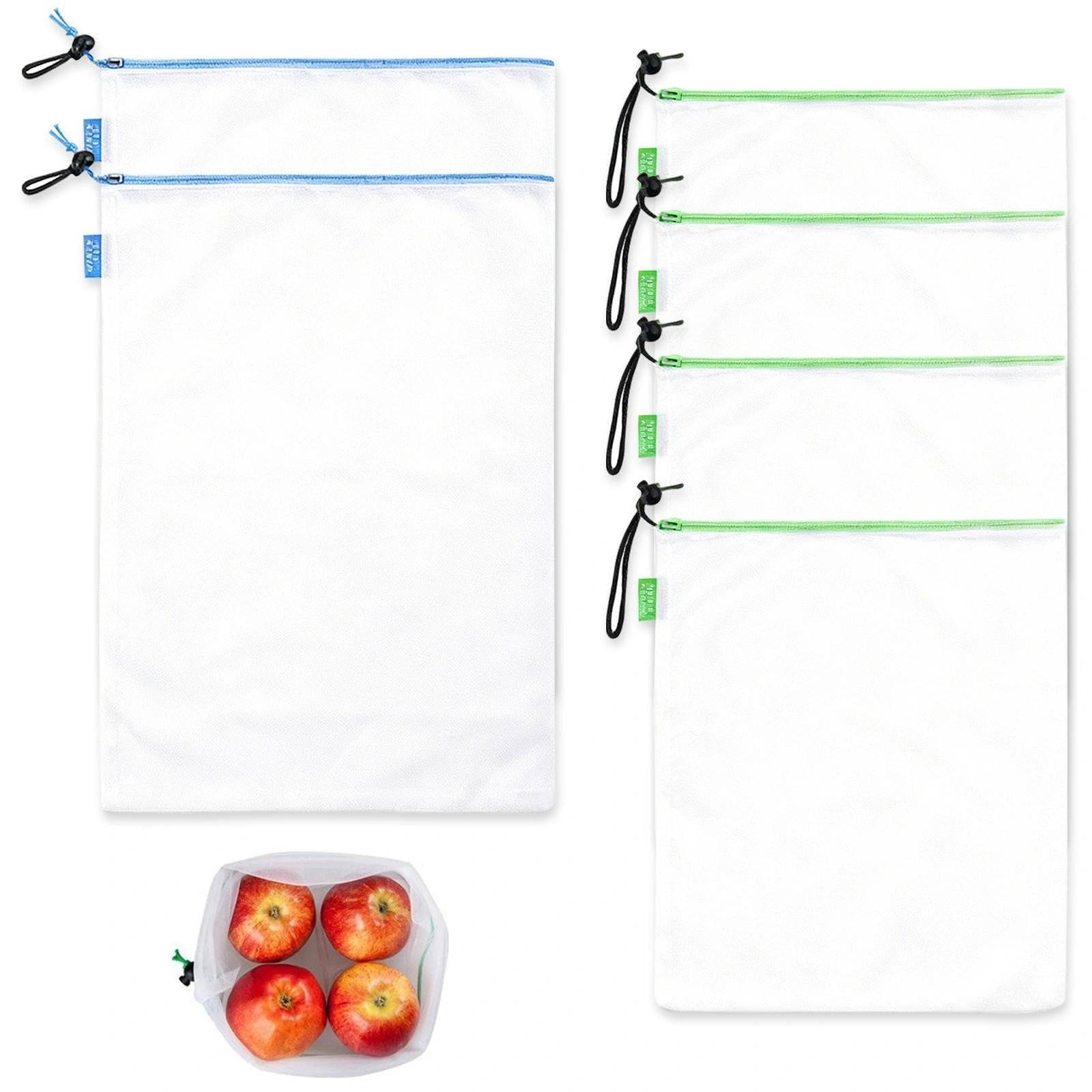 JIUCHAOTONG 6 Pcs Reusable Mesh Fruit Bags, Washable Mesh Bags, Meshes Drawstring Bag, See Through Meshes Produce Bag, for Fruit, Vegetable, Toys, Grocery (30×35cm, 30×43cm)