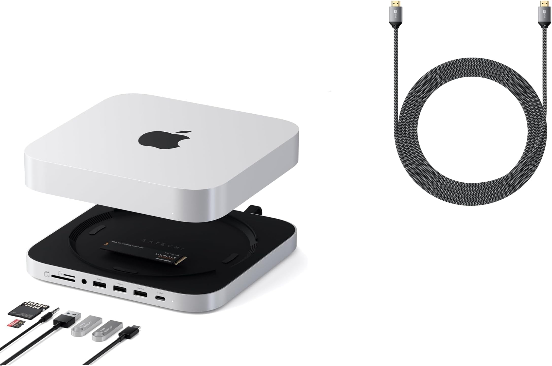 Satechi Bundle Mac mini Hub Stand with SSD Enclosure Silver and 8K HDMI 2 1 Cable 6 6ft 2m Bundle