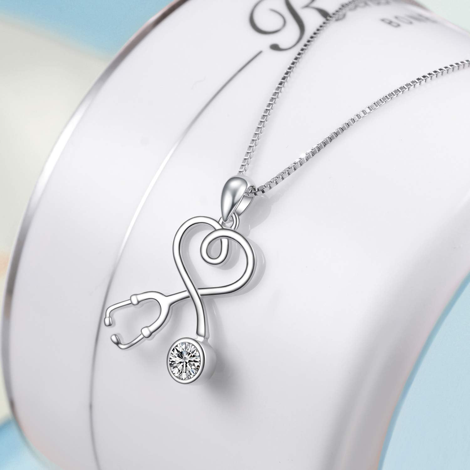 AOBOCO Stethoscope Necklace 925 Sterling Silver Embellished with 12 Months Birthstone Crystals from Austria, Graduation Gifts Medical Jewelry for Doctor Nurse Medical Student RN - Image 4
