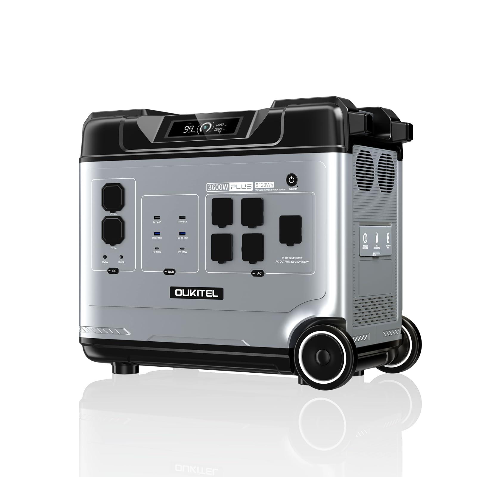 OUKITEL P5000 PLUS Stazione di Energia Portatile 3600 W, Generatore Solare 5120 Wh Batteria Lifepo4, 5 Uscite ca Per Viaggi, Campeggio, Camper e Blackout Domestici, Power Station con Rotelle