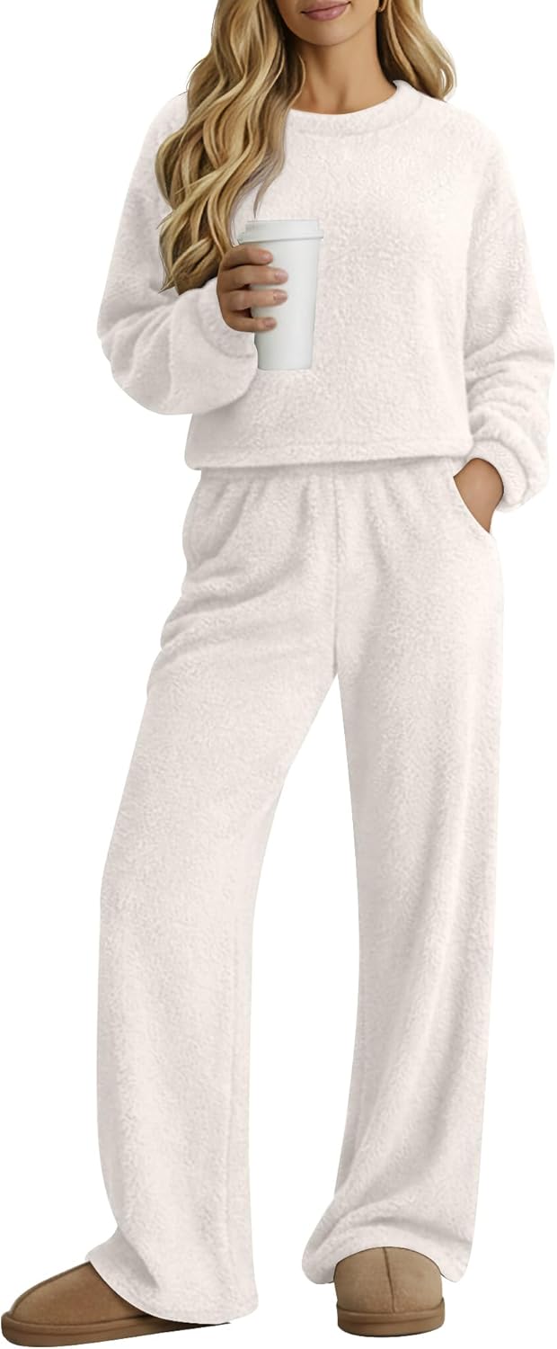 Women's Fuzzy Pajamas Sets Warm Fleece Loungewear Outfit Cozy Long Sleeve Fluffy Pullover Pant Set 2 Piece