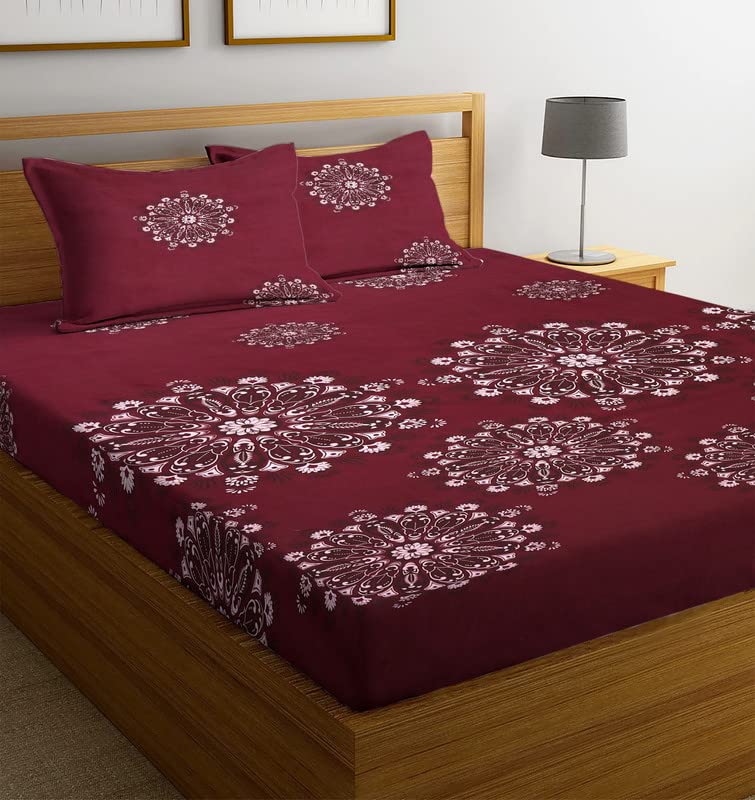 Image of NHD HOME Premium Cotton Elastic Fitted Bedsheets with 2 King Size Pillow Covers | Double Bed with All Around Elastic 180 TC Supersoft |Size-72 King Sizex78+10 inches | Floral, Maroon
