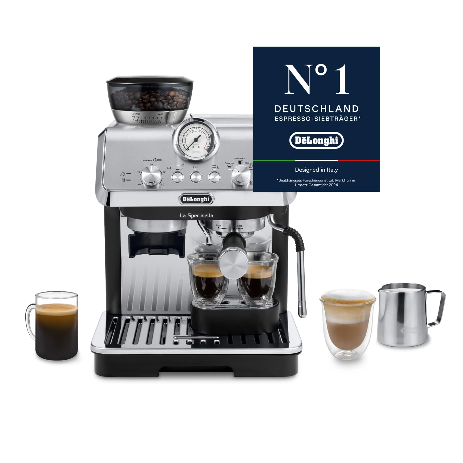 De'Longhi Siebträgermaschine La Specialista Arte EC9155.MB, Espressomaschine mit Mahlwerk, 8 Mahlgrade, 15 Bar, 3 Temperaturen, Milchschaumdüse, 1550W, 1,7L Tank, Edelstahl/Schwarz inkl. Barista-Kit