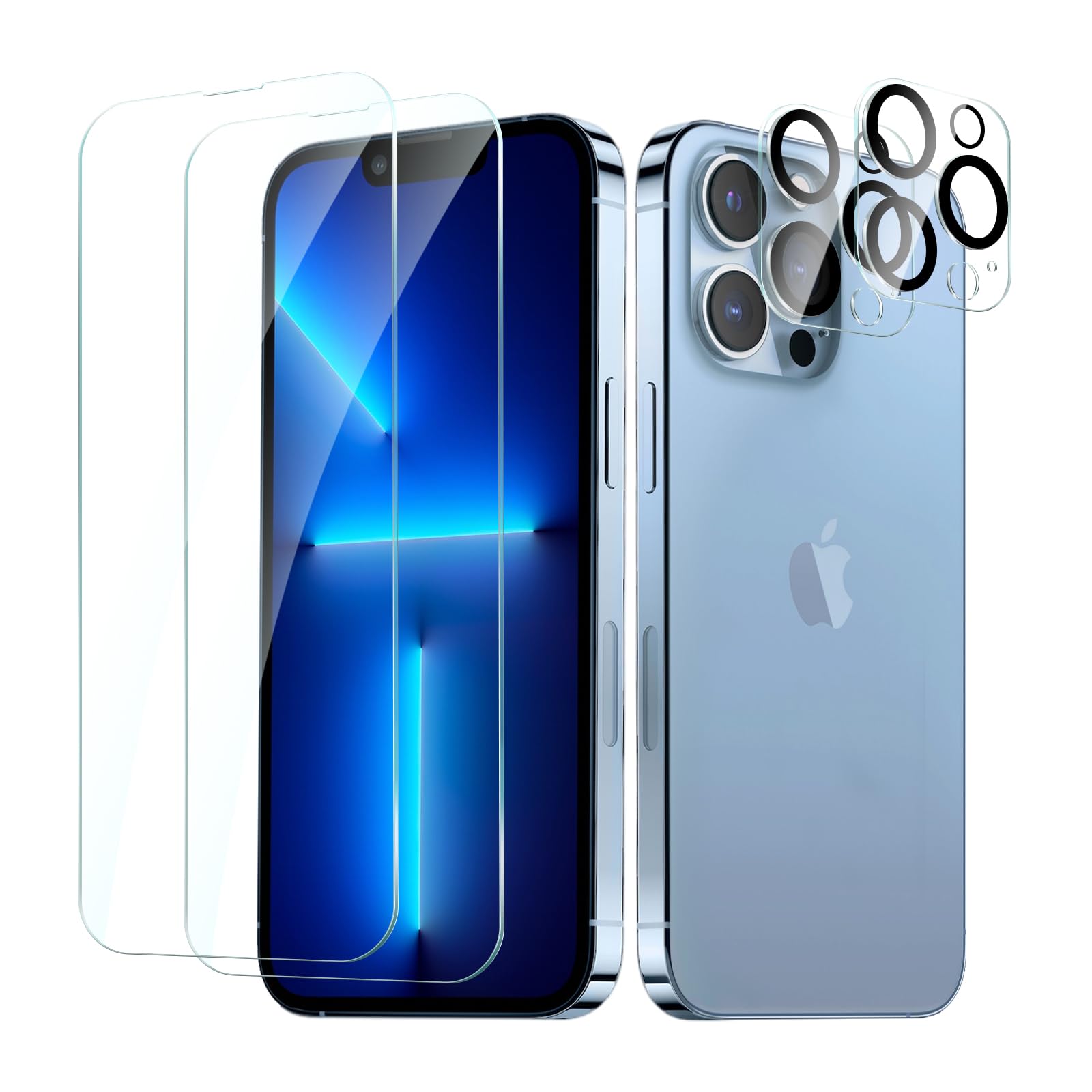 2 Piezas Cristal Templado Protector Pantalla para iPhone 13 Pro con 2 Piezas Protector Lente Cámara, Vidrio Templado Pelicula Dureza 9H, HD Transparente, Antiarañazos, Sin Burbujas