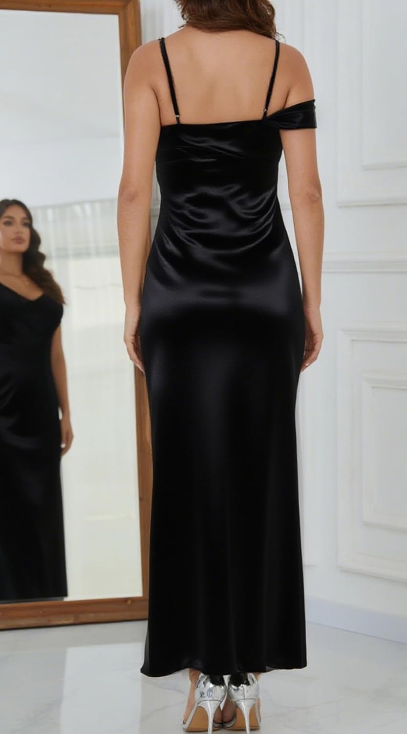 Satin Off The Shoulder Backless Maxi Dresses for Women Elegant Silk Spaghetti Strap Cowl Neck Formal Wedding Guest Dress - Image 2