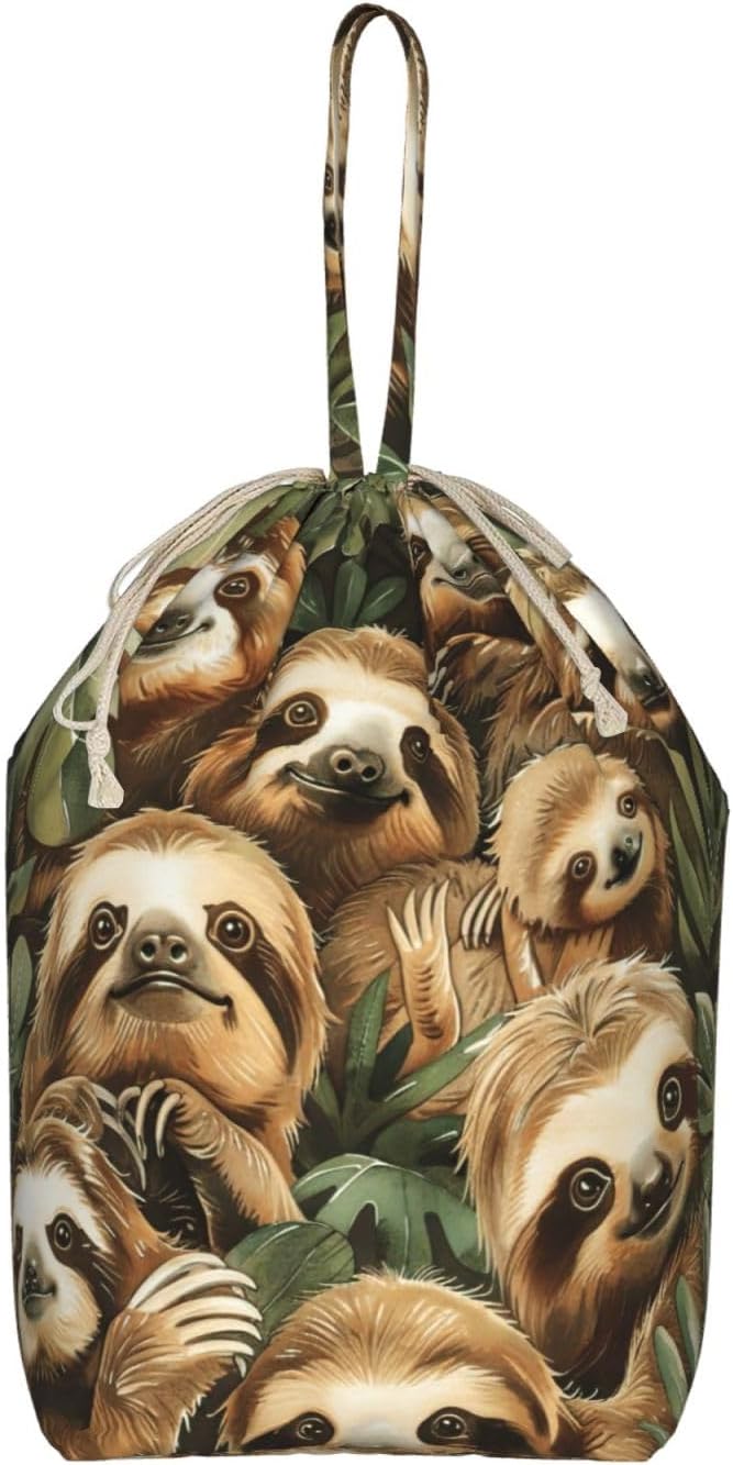 Oxford Cute Sloth Print Large-capacity drawstring laundry bag with Handles for Dorm,Hotel