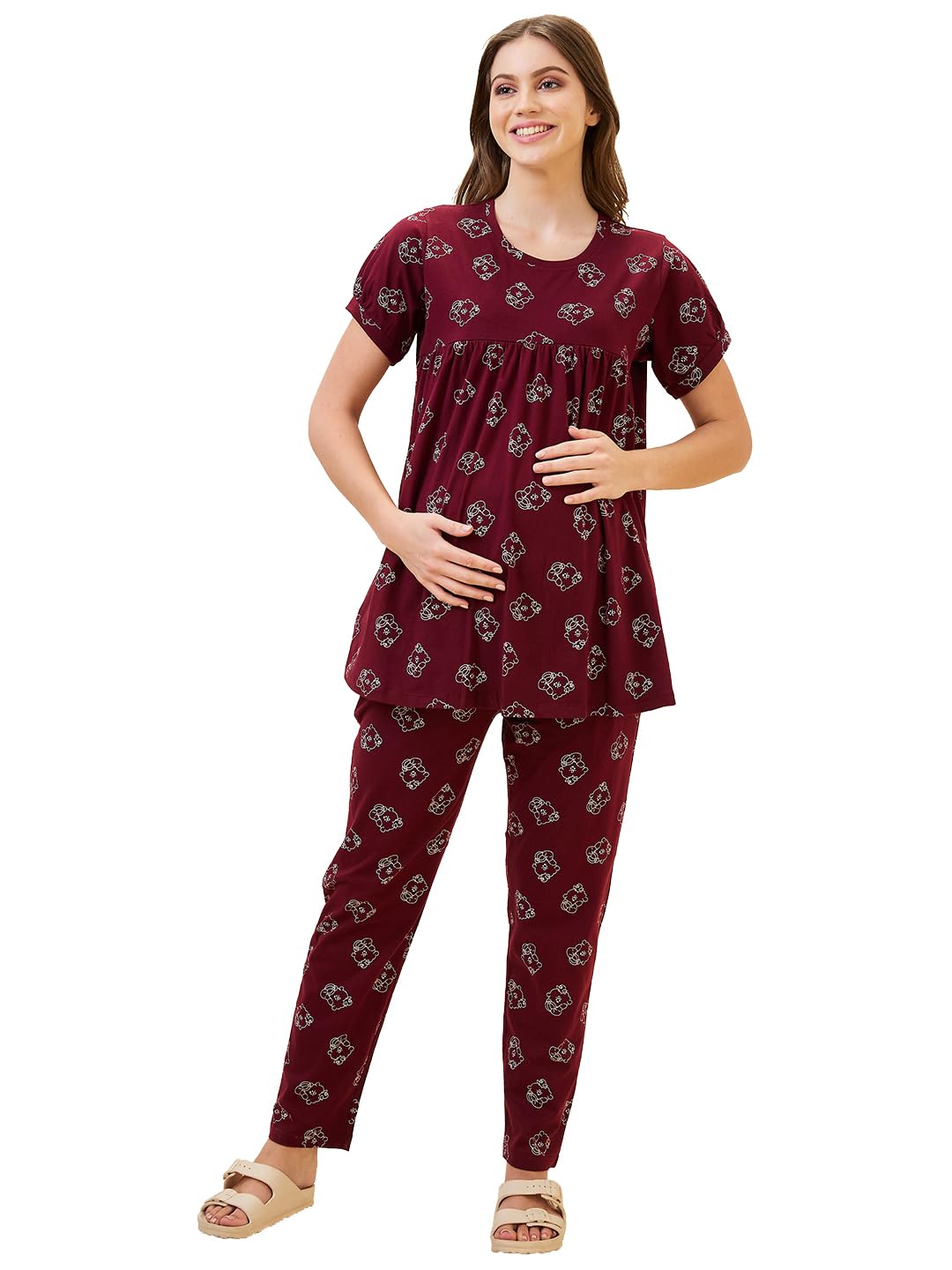 av2 Women's Cotton Printed Maternity & Feeding Night Suit Set of Top & Relaxed Pyjama Nursing Night Dress-2125-picture-19