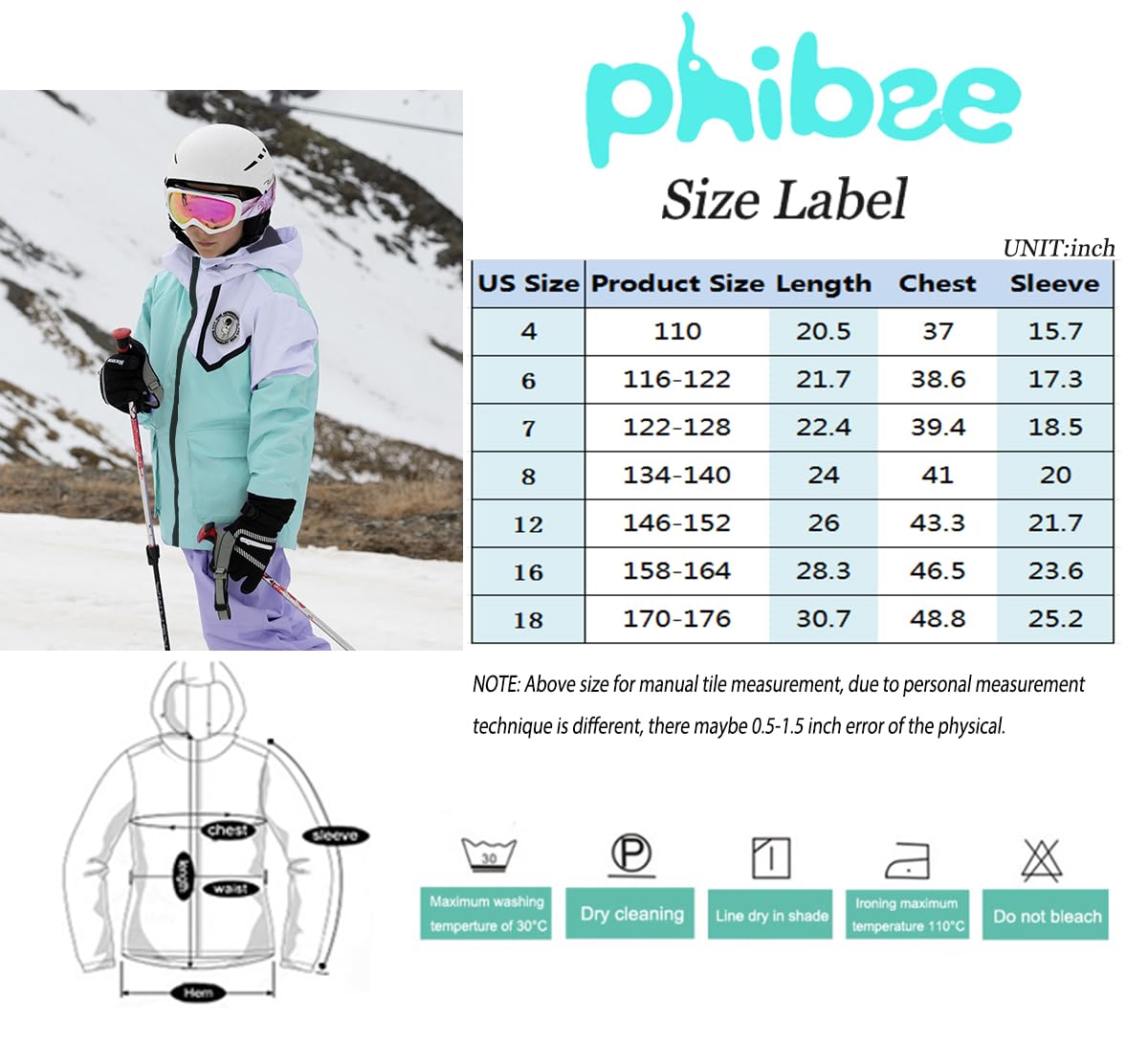 Phibee - Giacca da sci da snowboard da ragazzo, impermeabile, traspirante