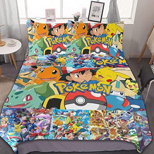 Bedding Set 3 Piece Duvet Cover Soft Bed Set for Pokemon Washed Microfiber Luxurious Pattern Design Bed Sheet 86x70inch