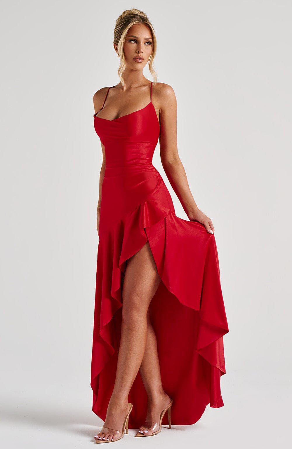 Donna Raso Vestito Lungo Abito da Cerimonia Elegante, Abito da Ballo con Volant da Donna, Vestito da Cocktail Sexy con Spalline Sottili e Schiena Scoperta