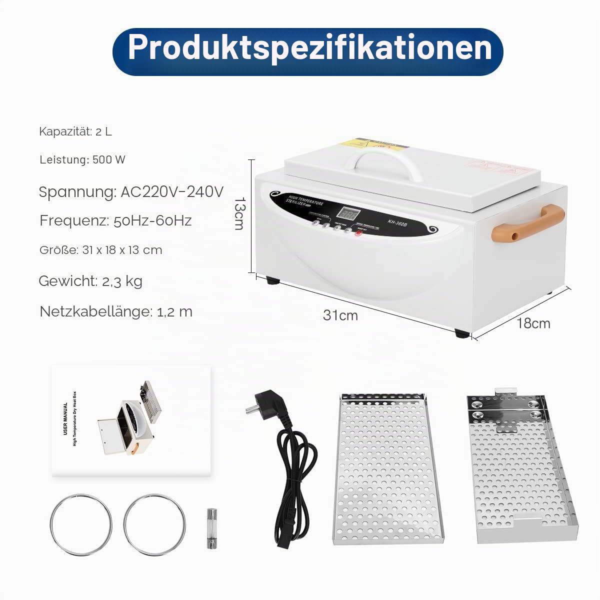Xverycan 500W Heißluftsterilisator Desinfektion, 250℃ Trockene Hitze Hochtemperatur Sterilisator, Kleine Sterilisatoren für Nagelwerkzeuge, Kosmetikwerkzeuge, Friseurwerkzeuge, Schönheitssalon