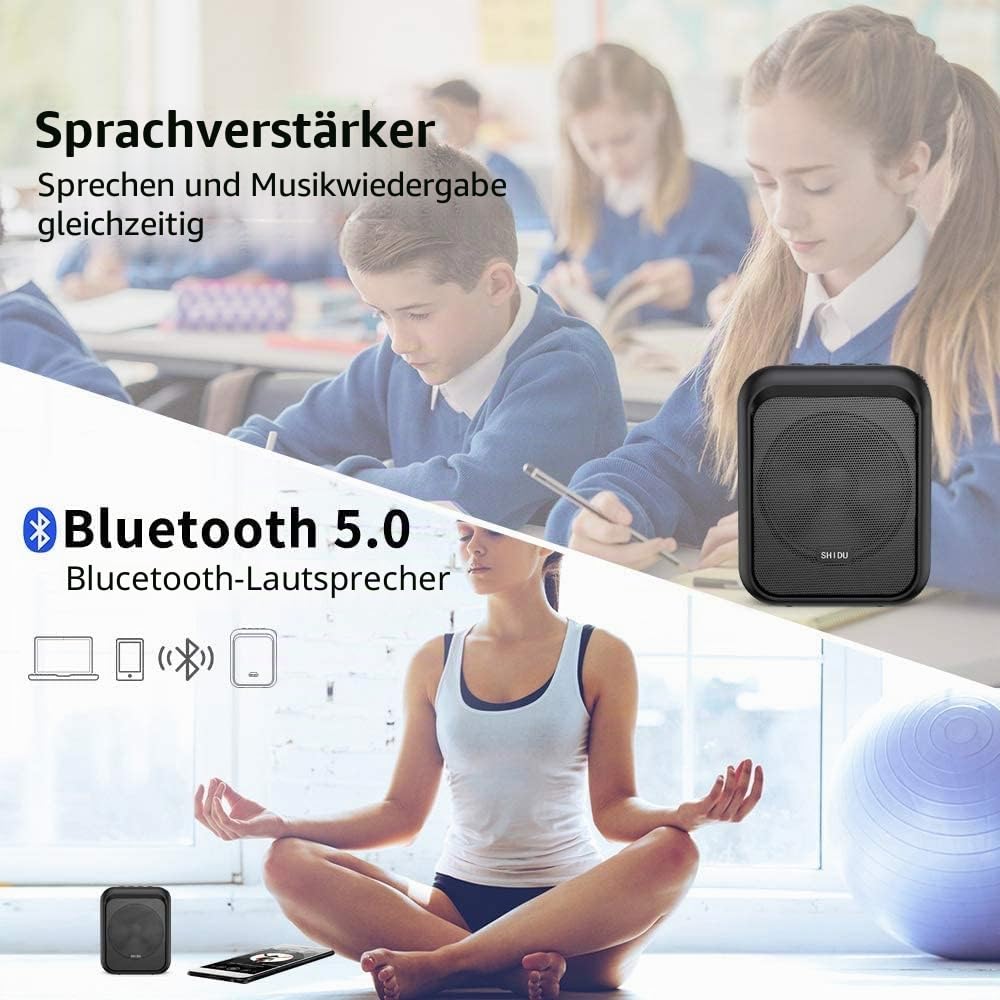 SHIDU Sprachverstärker Tragbarer wiederaufladbarer Bluetooth-Lautsprecher mit kabelgebundenem Mikrofon-Headset 10W 1800mAh PA-System Unterstützt Audio im MP3-Format für Lehrer, Taxifahrer, Reiseleiter