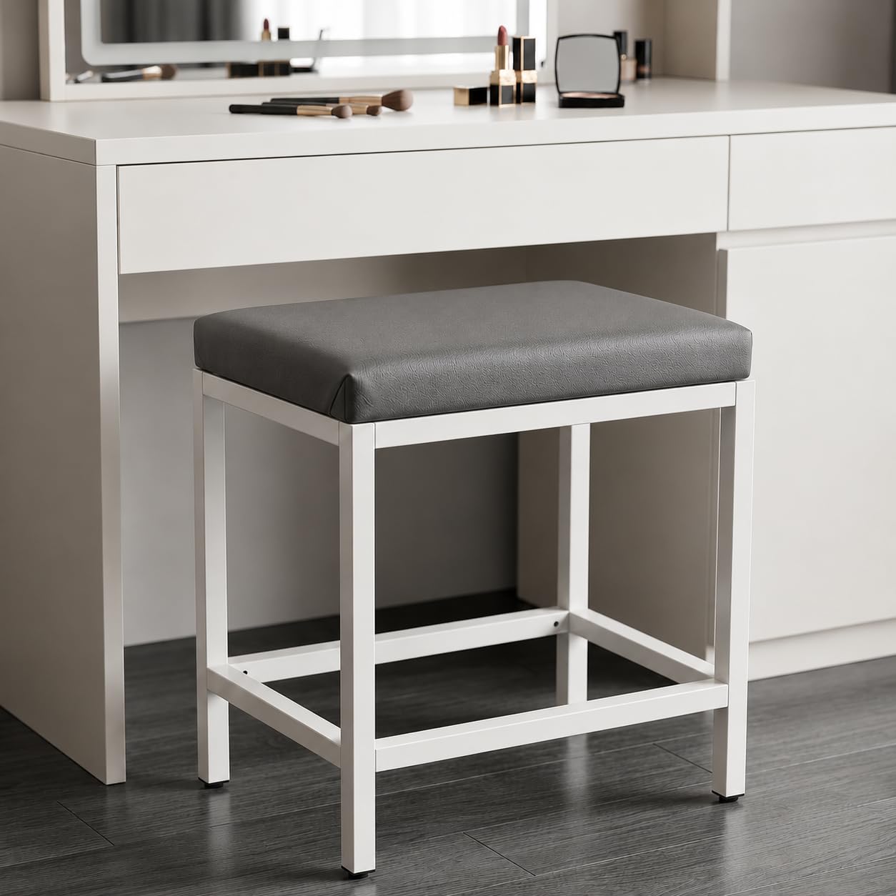 87123 vanity stool chair, square makeup chair with metal legs, cute small ottoman vanity bench, foot stool for bedroom, living room, bathroom, white frame with grey cushion.
