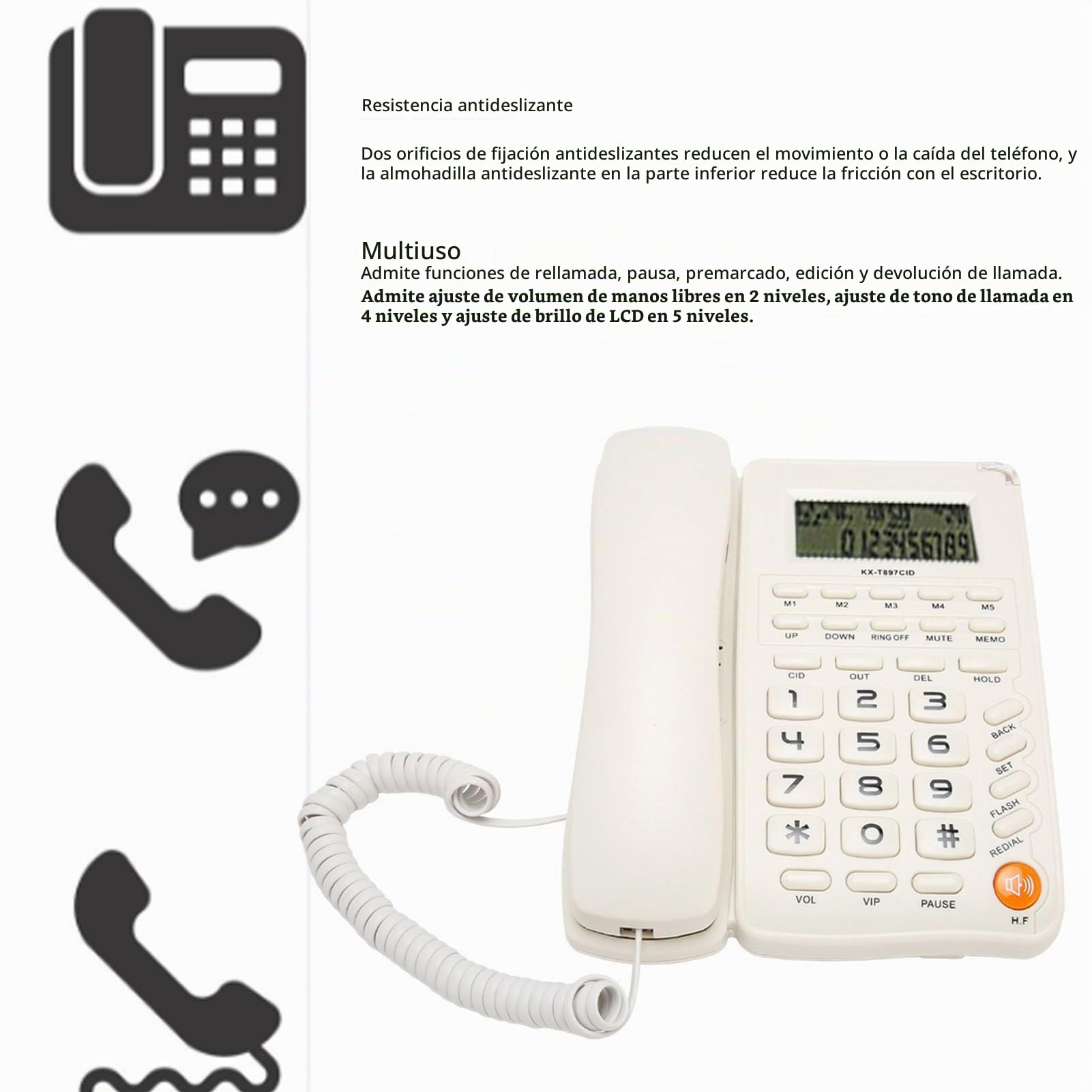 Teléfono con Cable, Teléfono con Cable con Altavoz, Identificador de Llamadas, Llamada en Espera, Teléfono Fijo con Botones Grandes para el Hogar, Oficina, Hotel, Ancianos (Blanco)