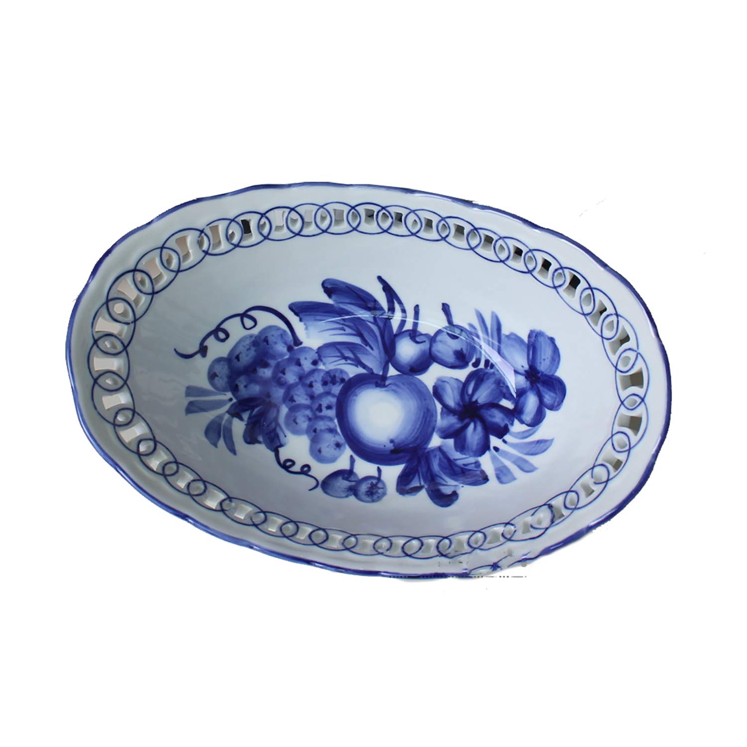 SHINING Blue and White Porcelain Fruits Basket Ship-shaped Candy Food Deep Plate Handicraft Table Decorations Artwork Gift (10” Food Basket)