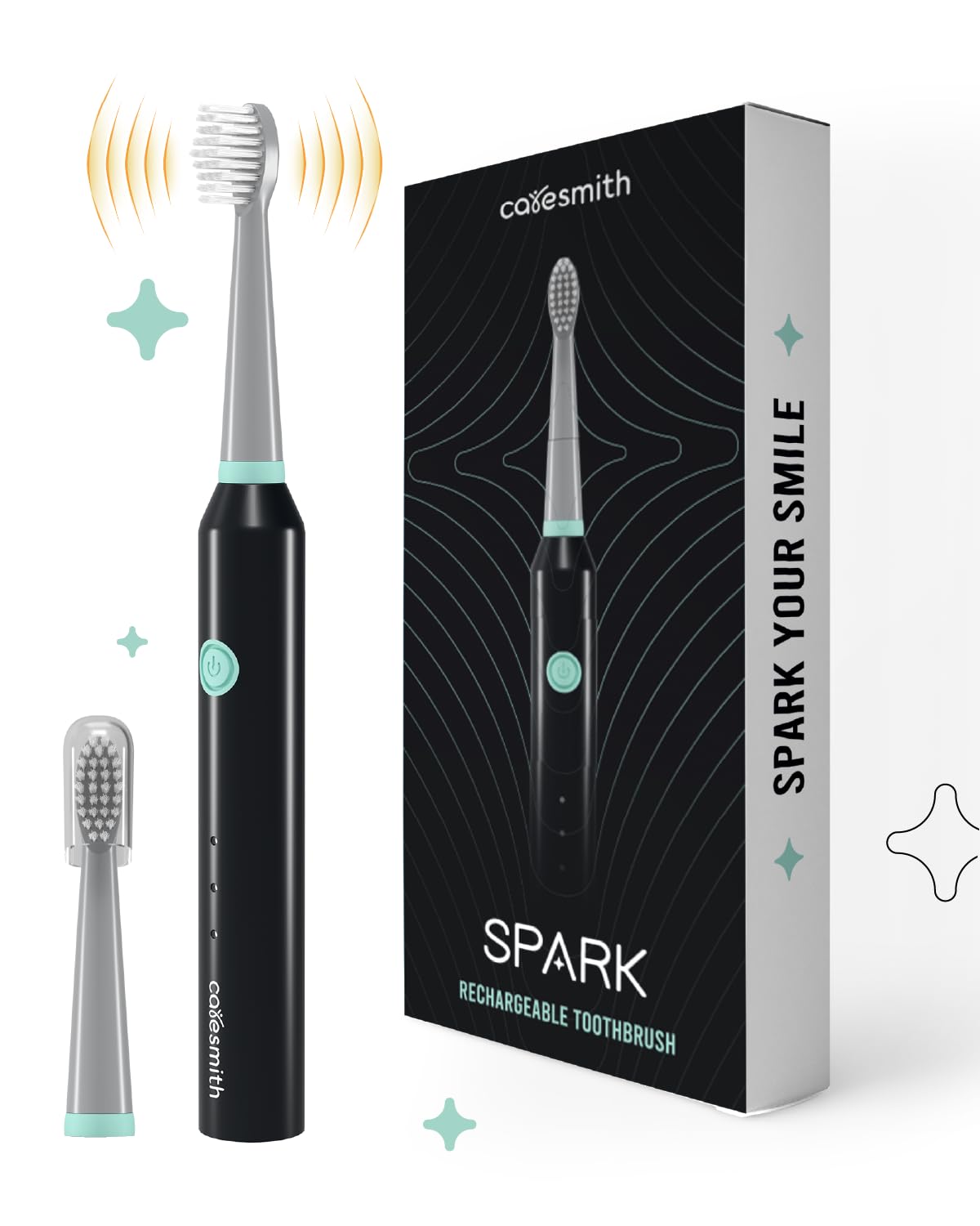 CARESMITH Adult Spark Rechargeable Electric Toothbrush | 6 Operating Modes | 40000 Vibrations Per Minute | 2 Brush Heads (Black), Pack of 1